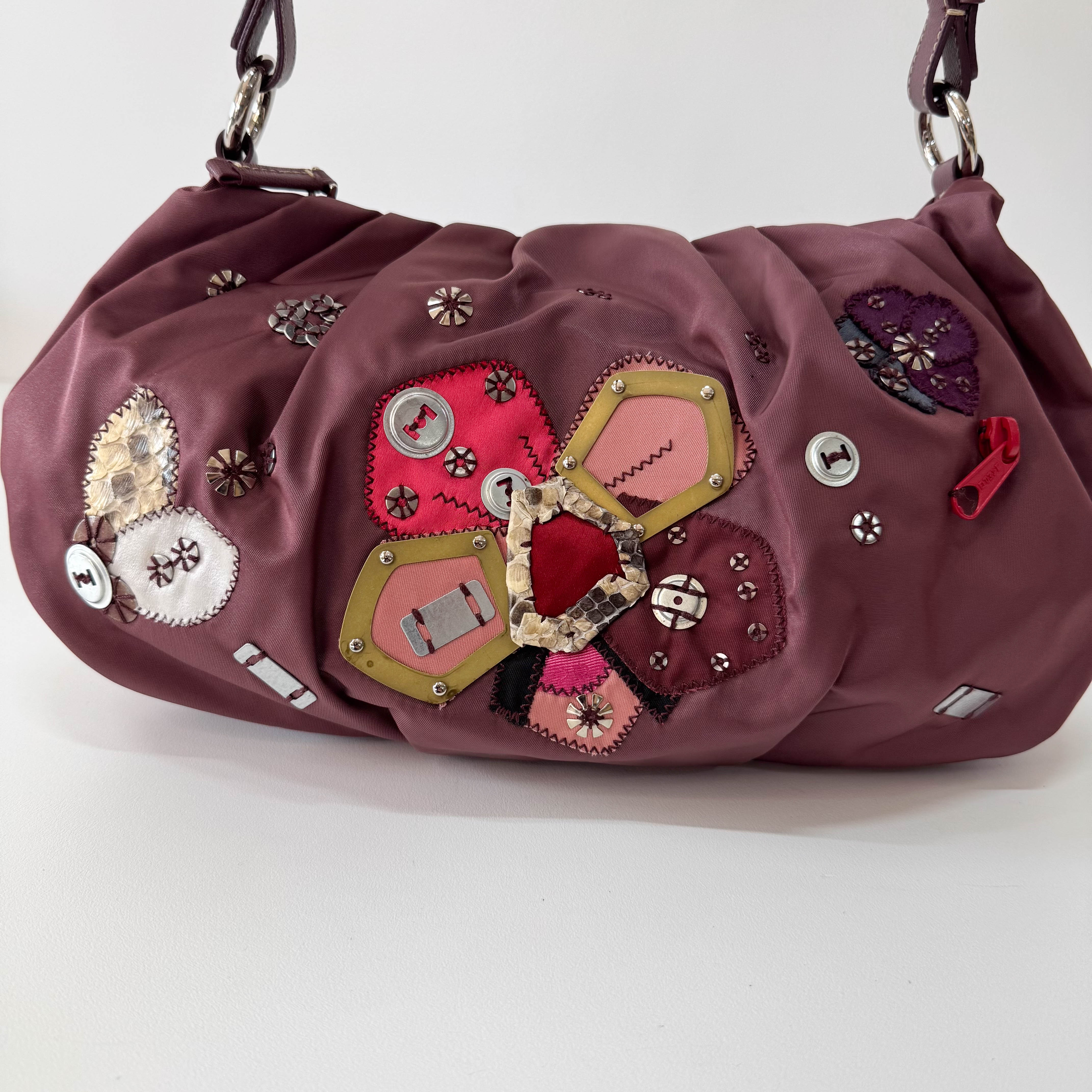 Burgundy Embroidered Nylon Shoulder Bag