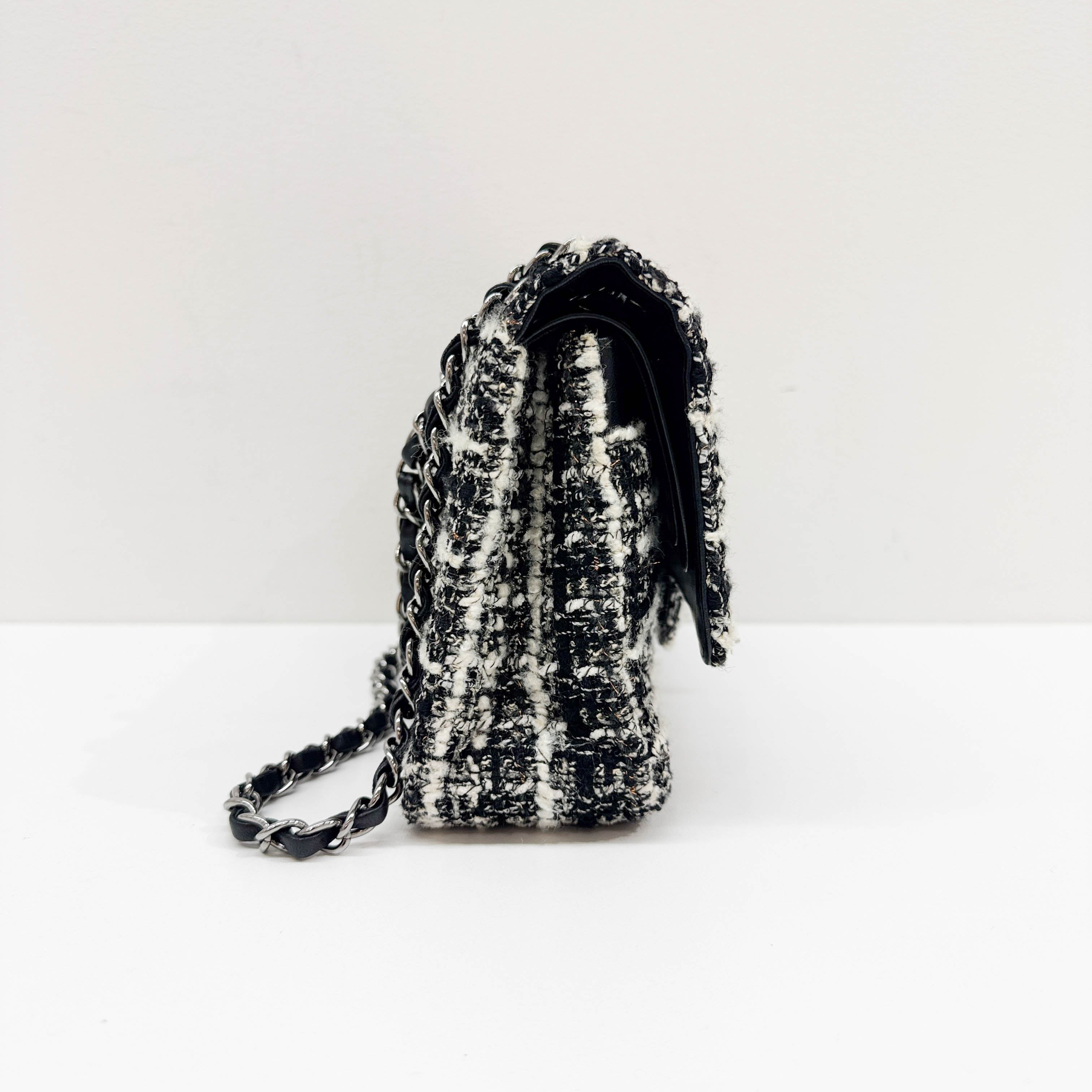 Classic Double Flap Knit Black & White Wool Shoulder Bag