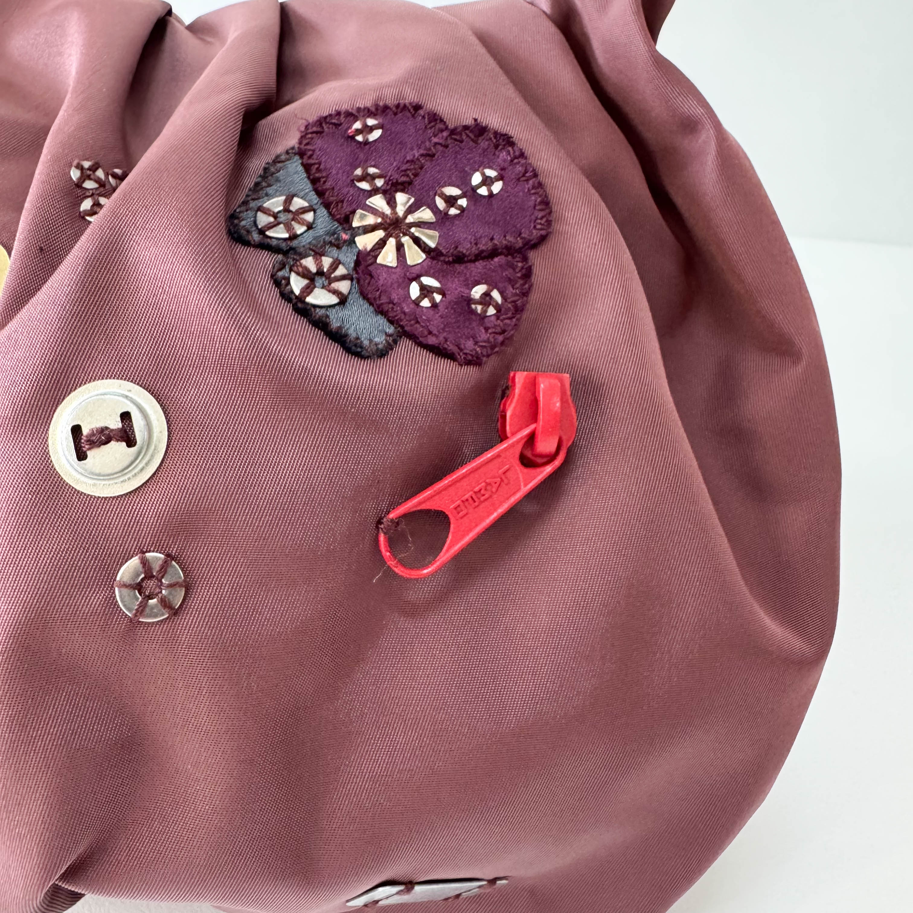 Burgundy Embroidered Nylon Shoulder Bag