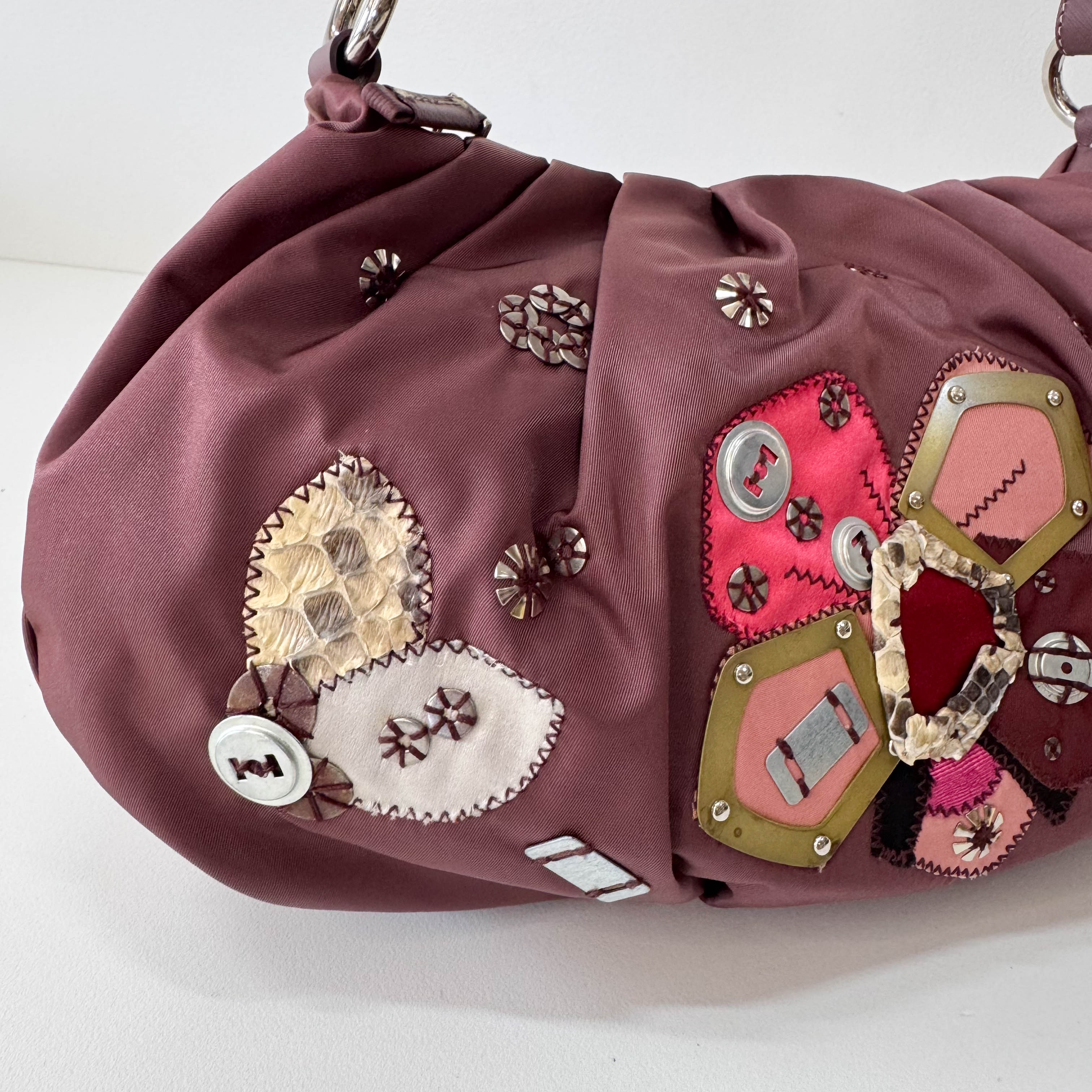 Burgundy Embroidered Nylon Shoulder Bag