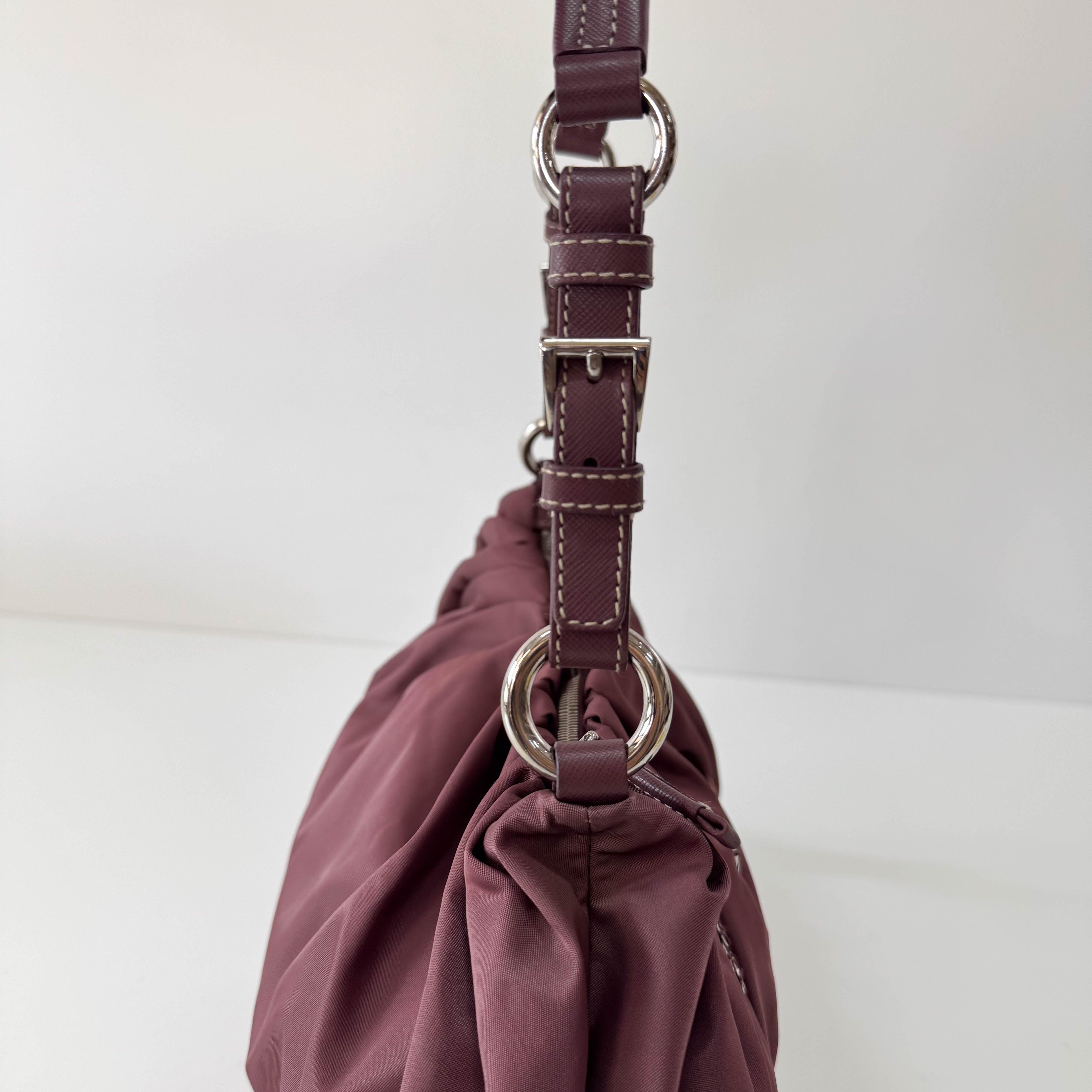 Burgundy Embroidered Nylon Shoulder Bag
