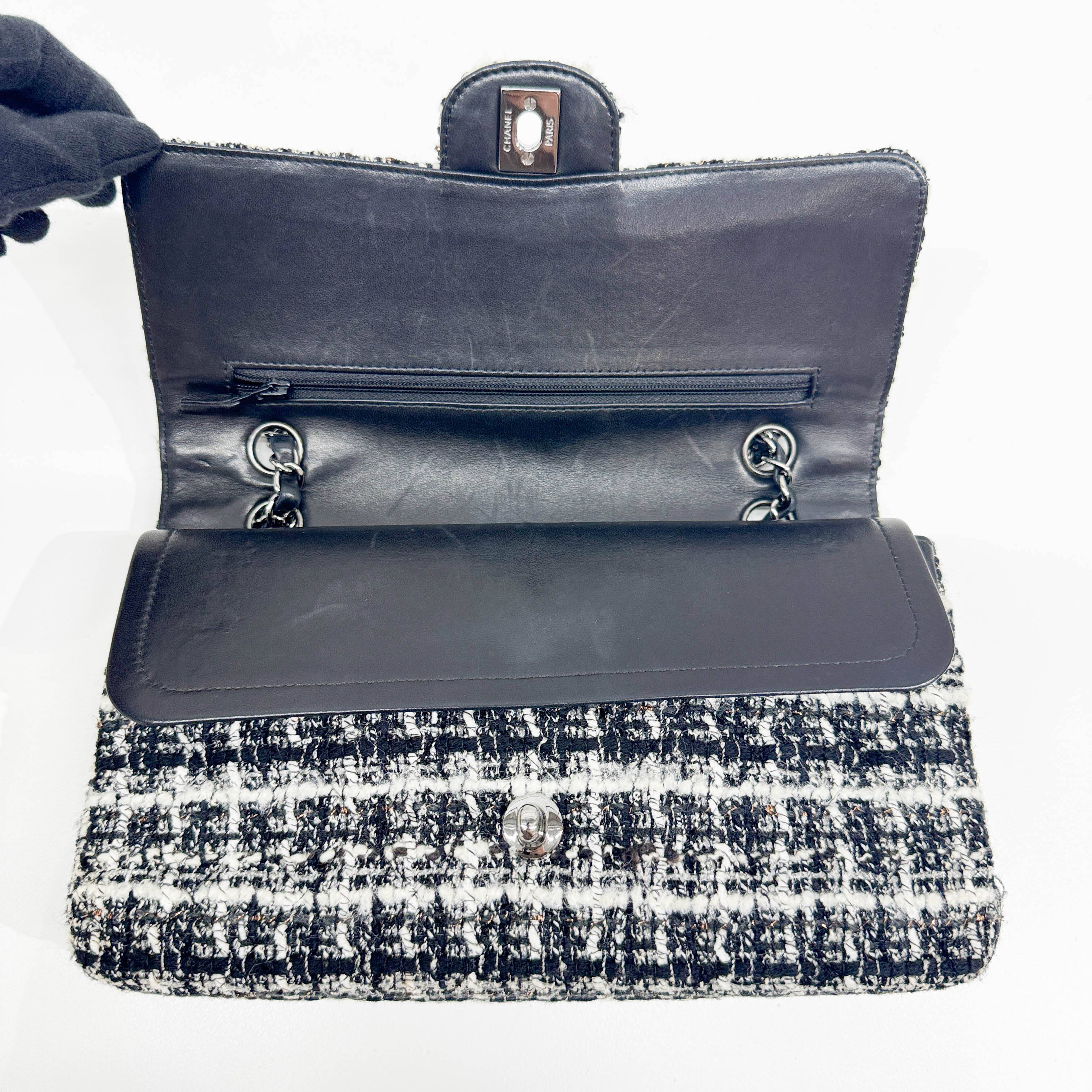 Classic Double Flap Knit Black & White Wool Shoulder Bag