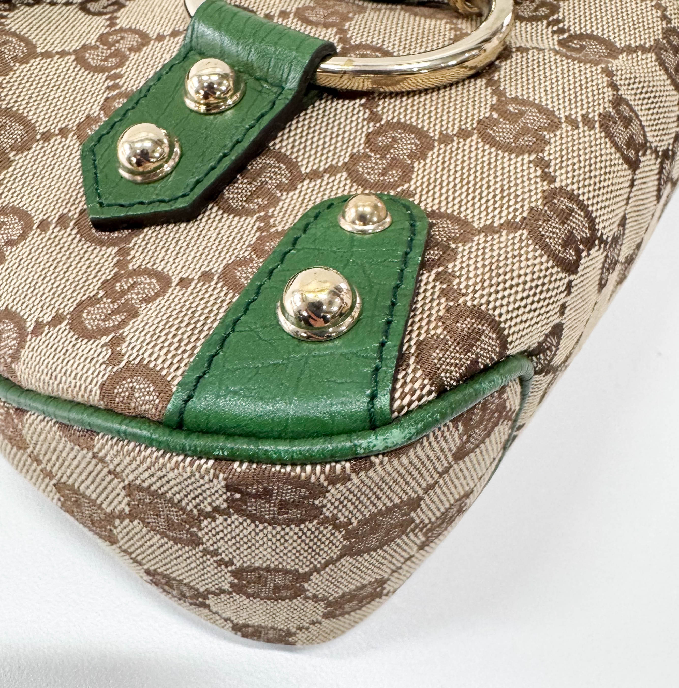 Horsebit Green Leather & Cotton Canvas Chain Detail Shoulder Bag