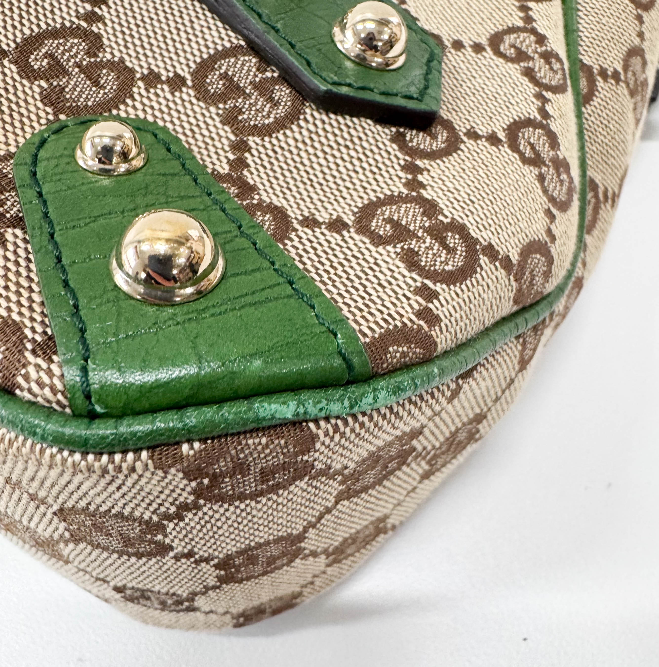 Horsebit Green Leather & Cotton Canvas Chain Detail Shoulder Bag