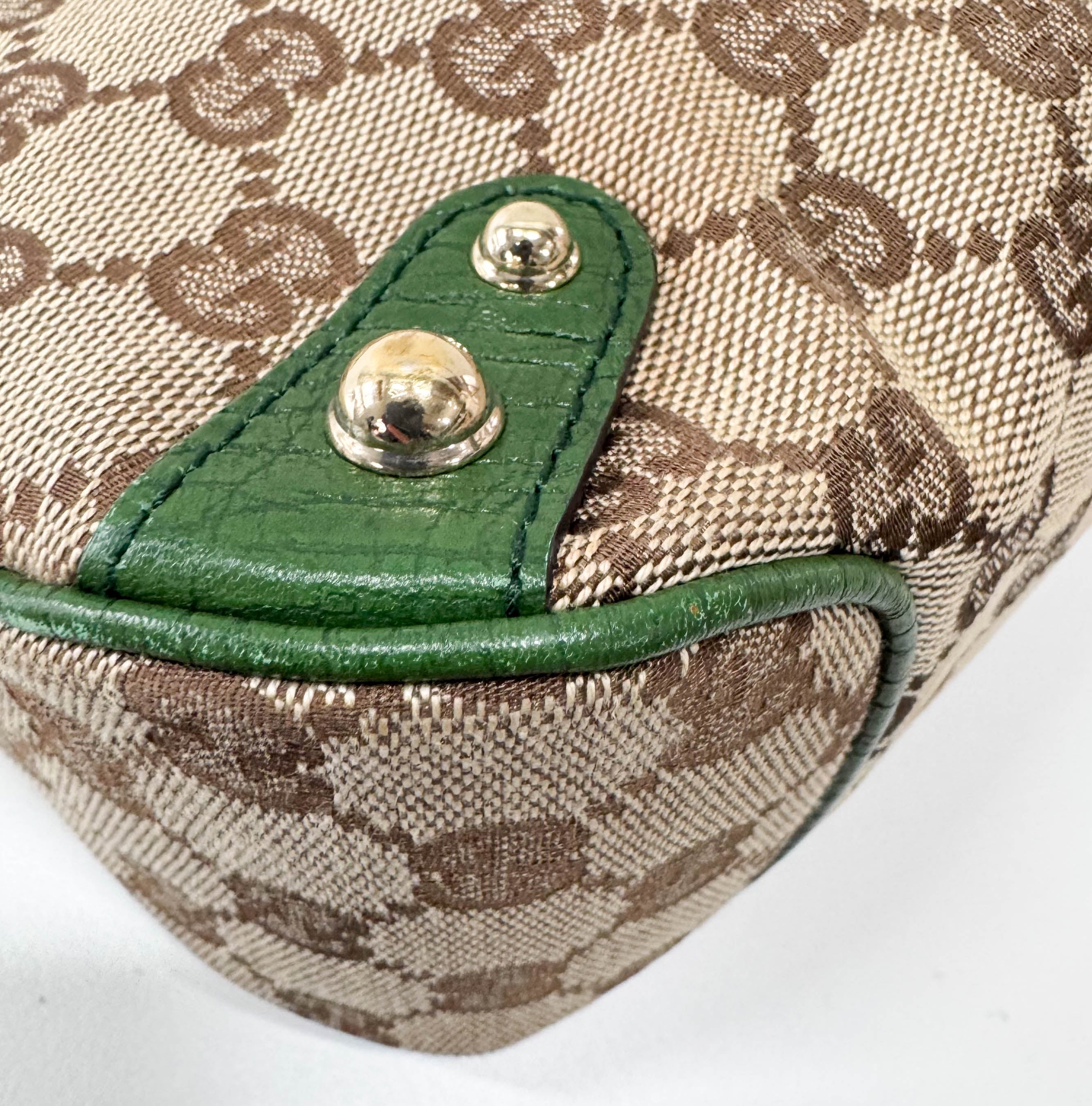 Horsebit Green Leather & Cotton Canvas Chain Detail Shoulder Bag