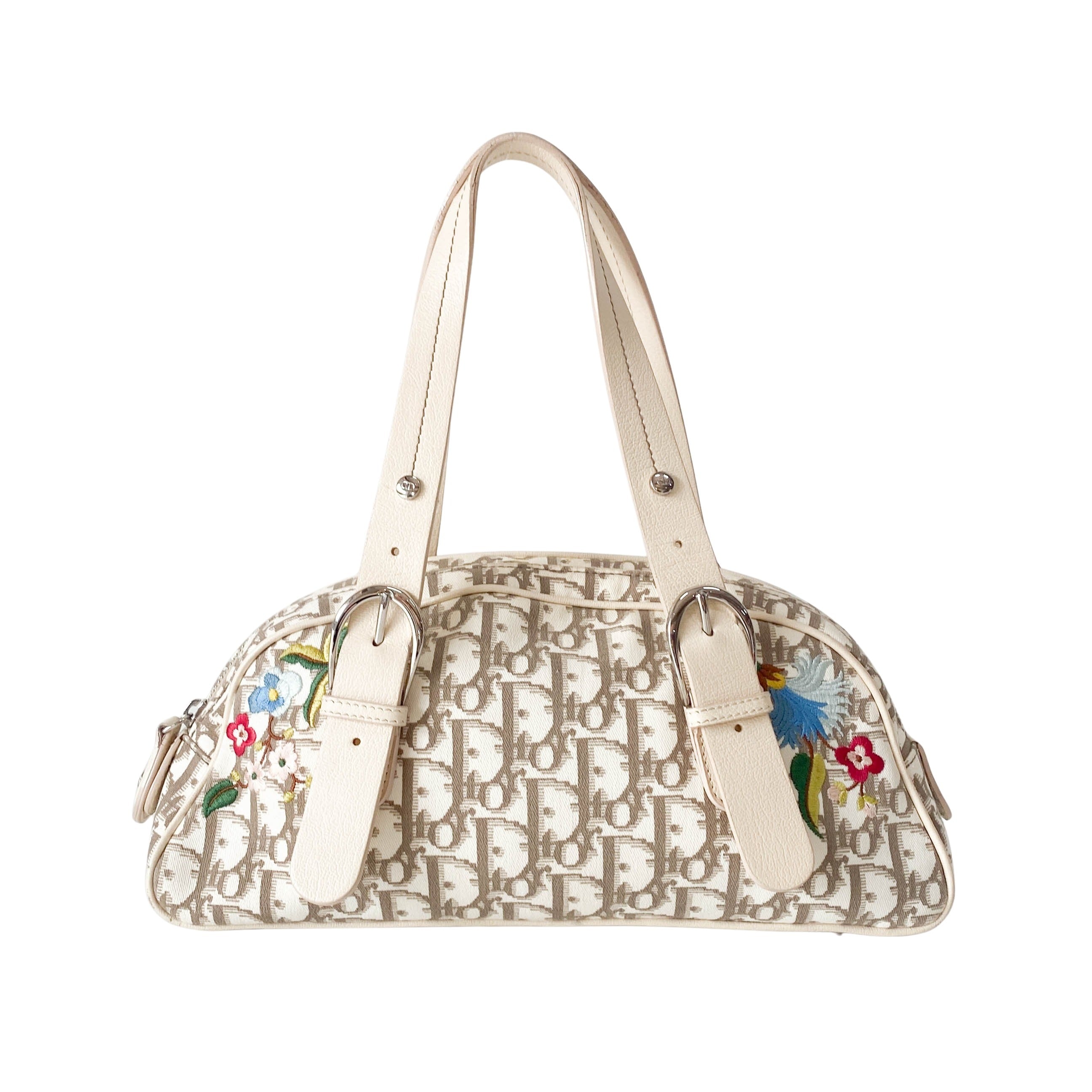 Vintage Beige Leather Embroidered Shoulder Bag