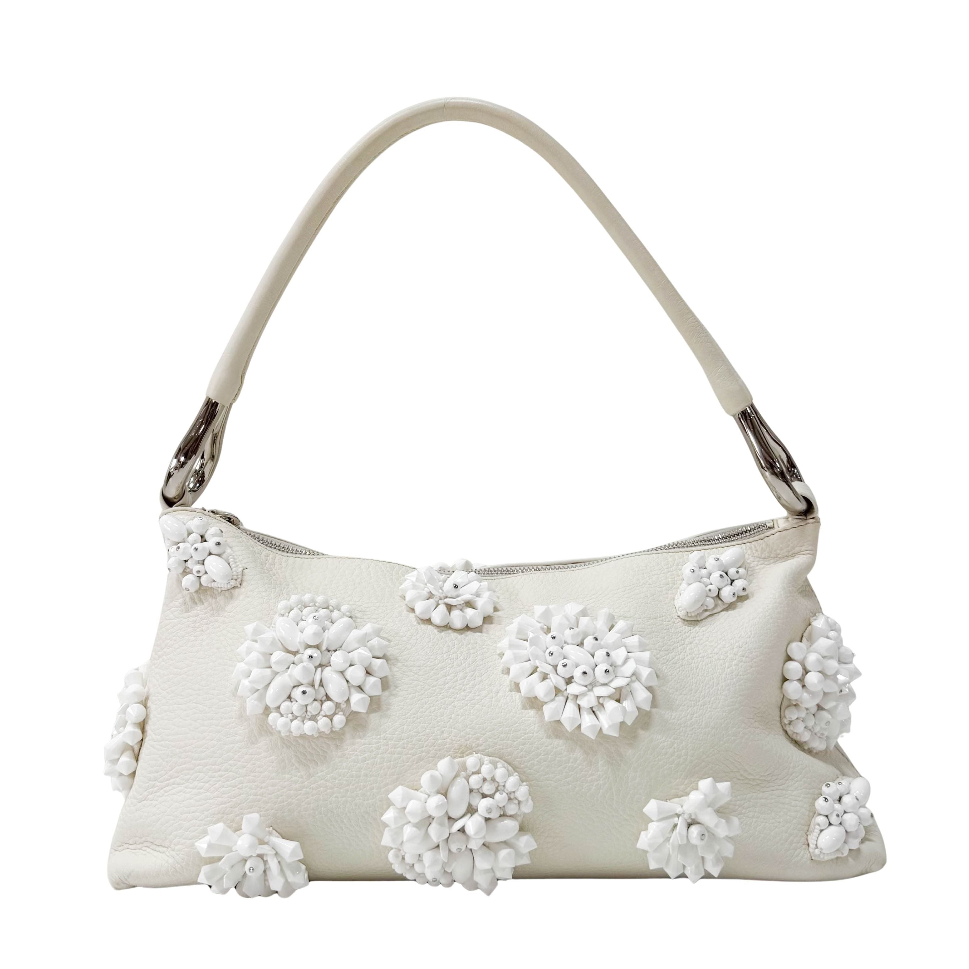 White Leather Embroidered Shoulder Bag