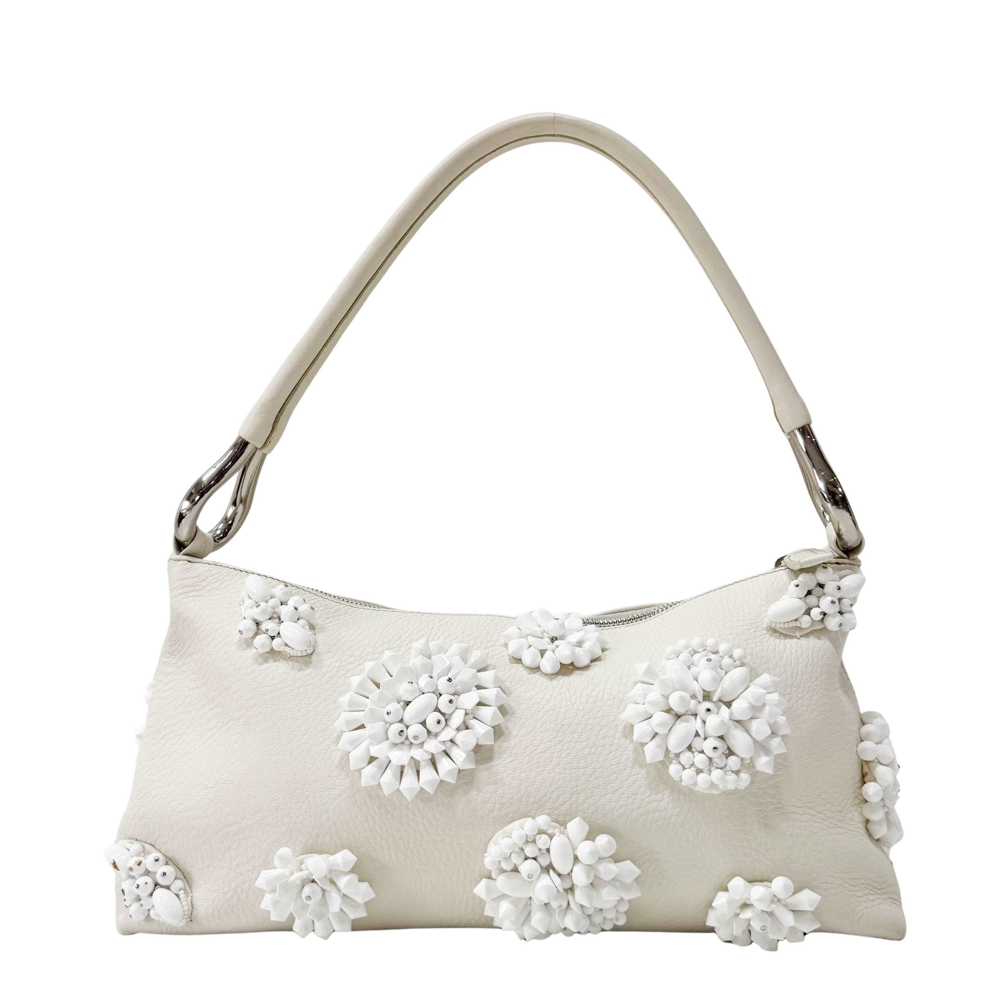 White Leather Embroidered Shoulder Bag