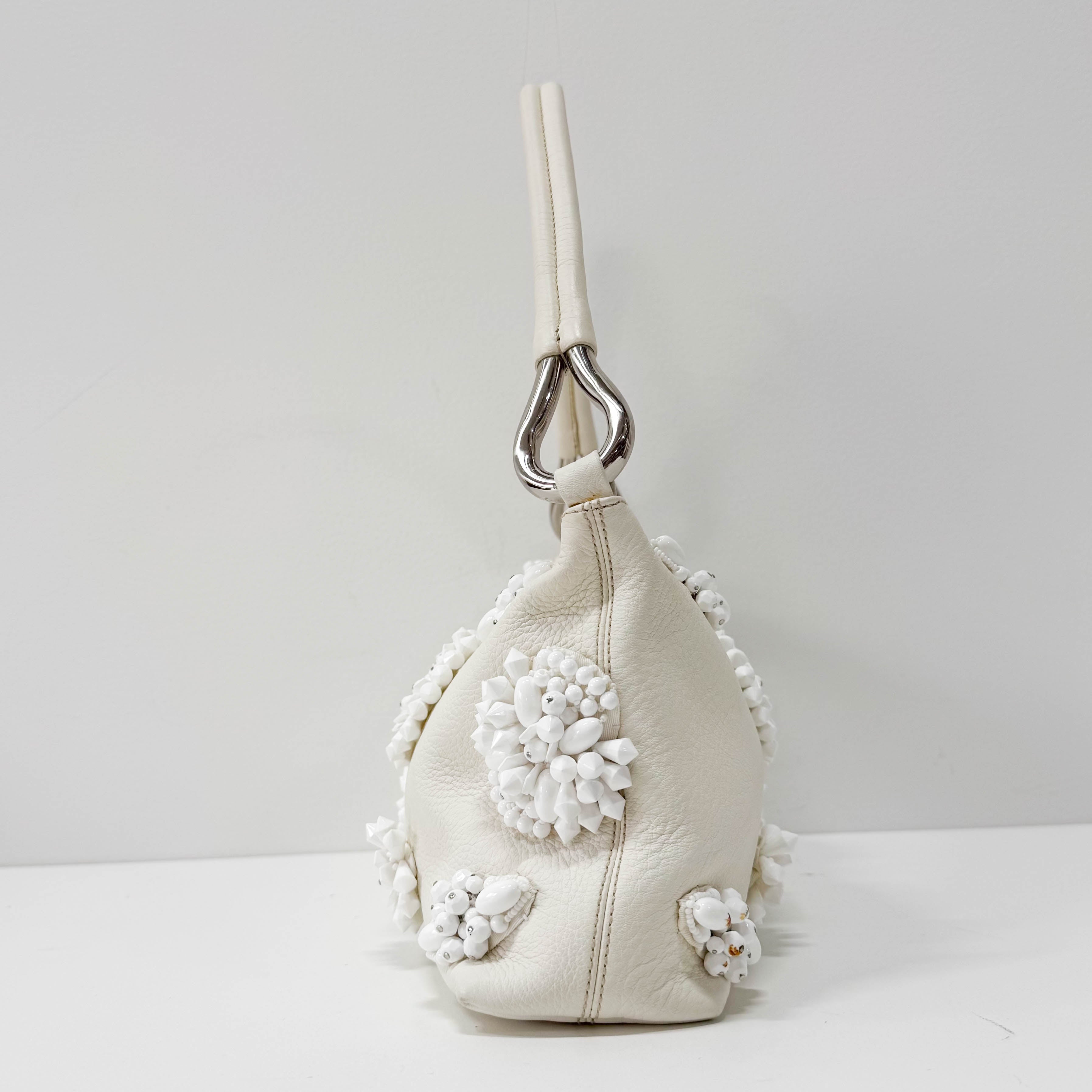 White Leather Embroidered Shoulder Bag