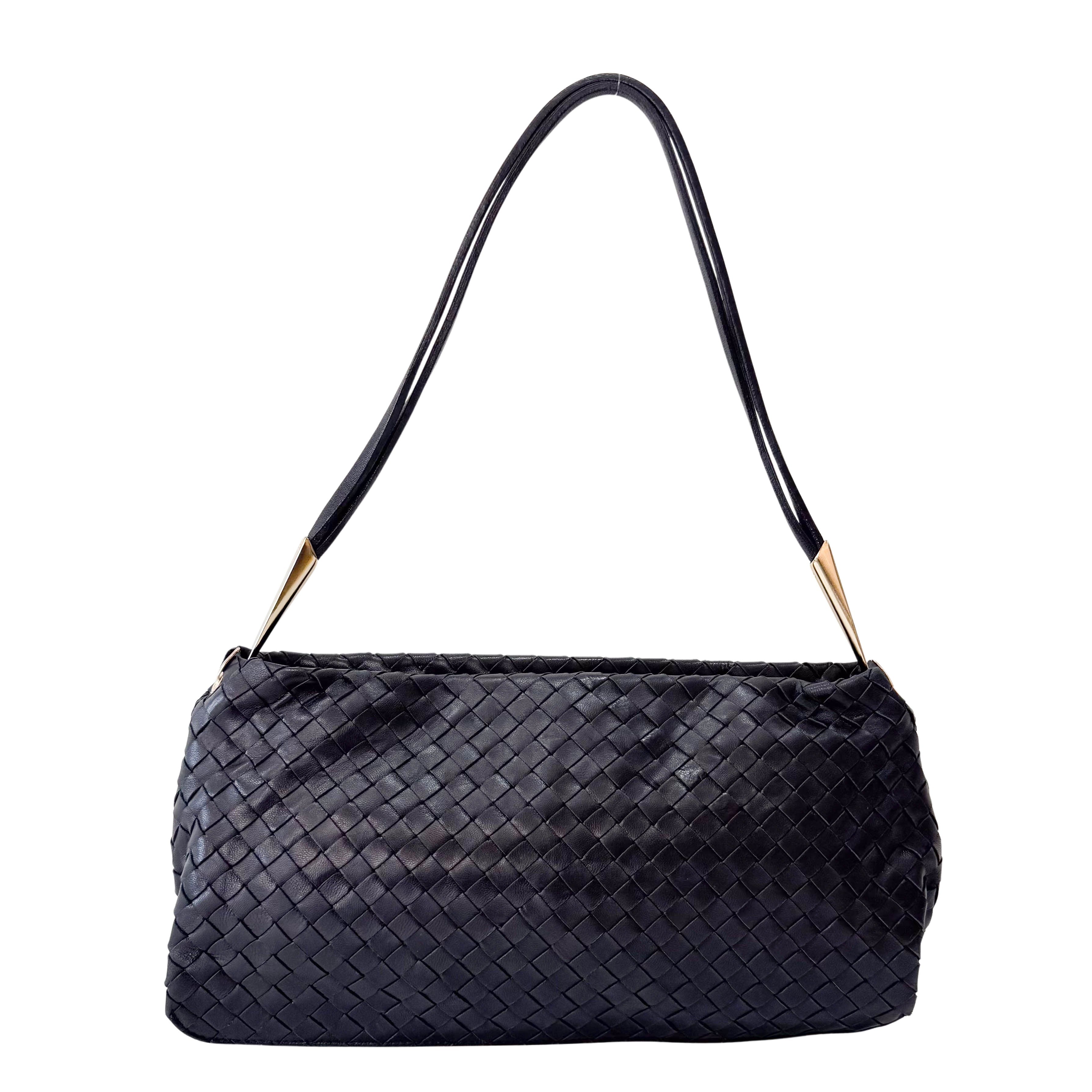 Intrecciato Black Leather Shoulder Bag