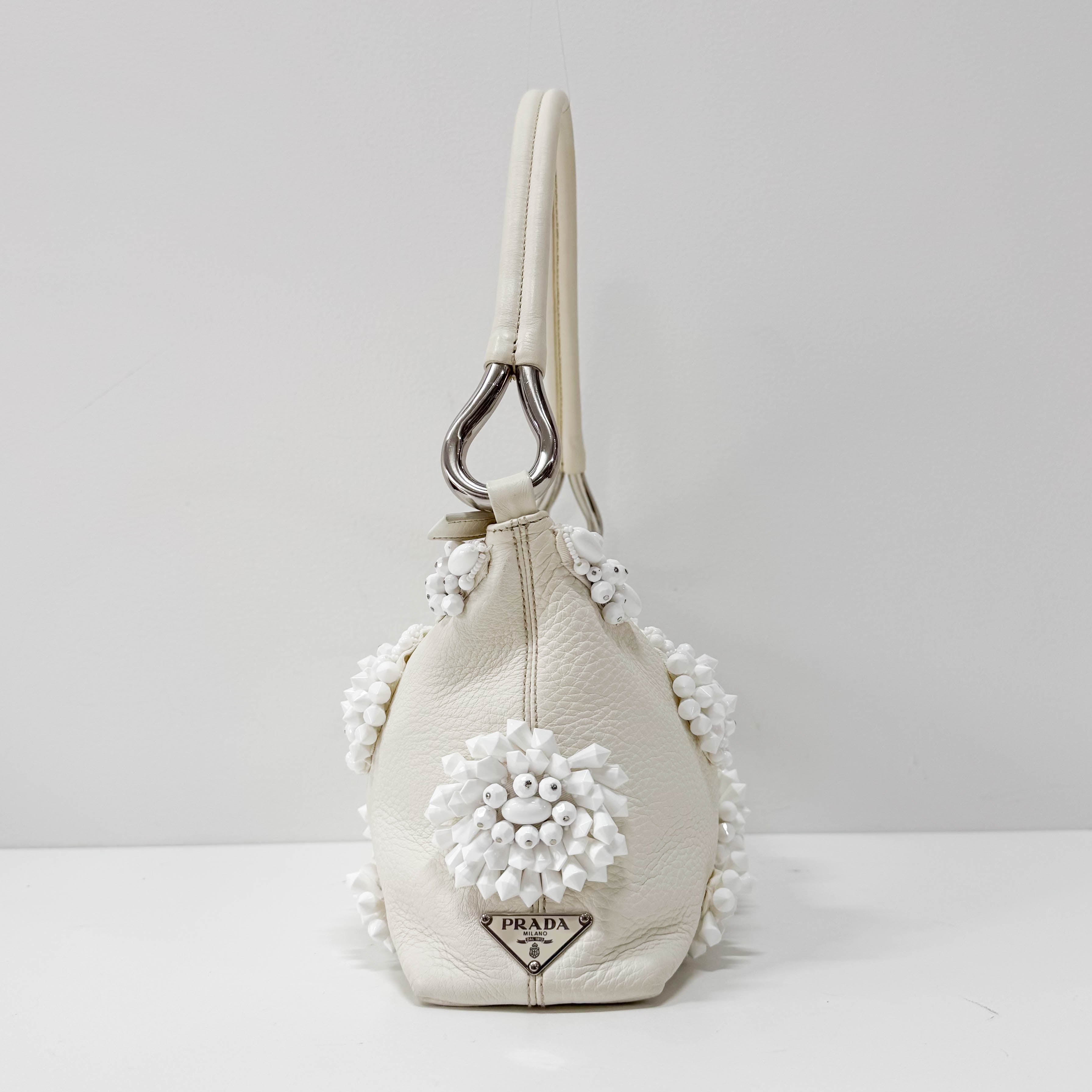 White Leather Embroidered Shoulder Bag