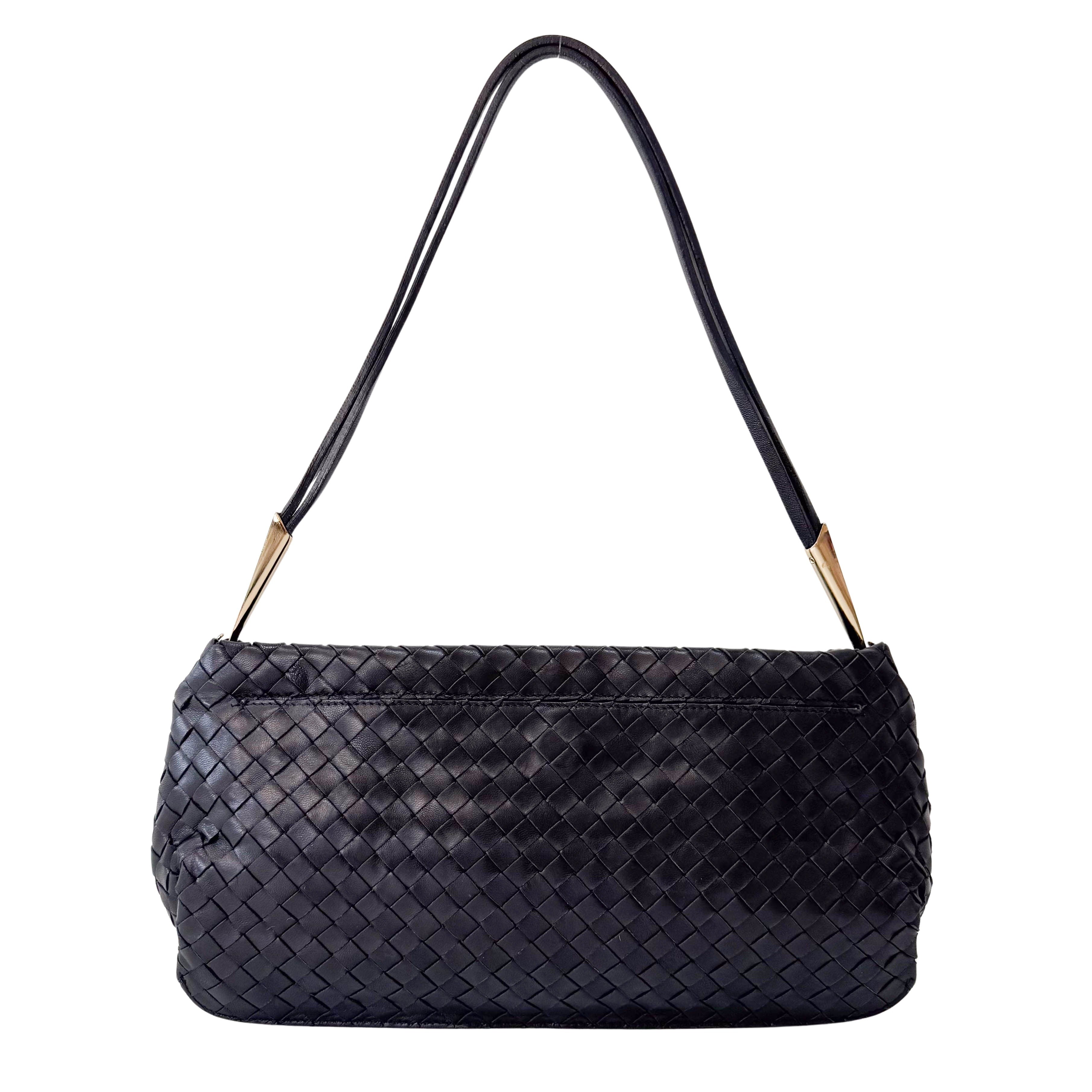 Intrecciato Black Leather Shoulder Bag