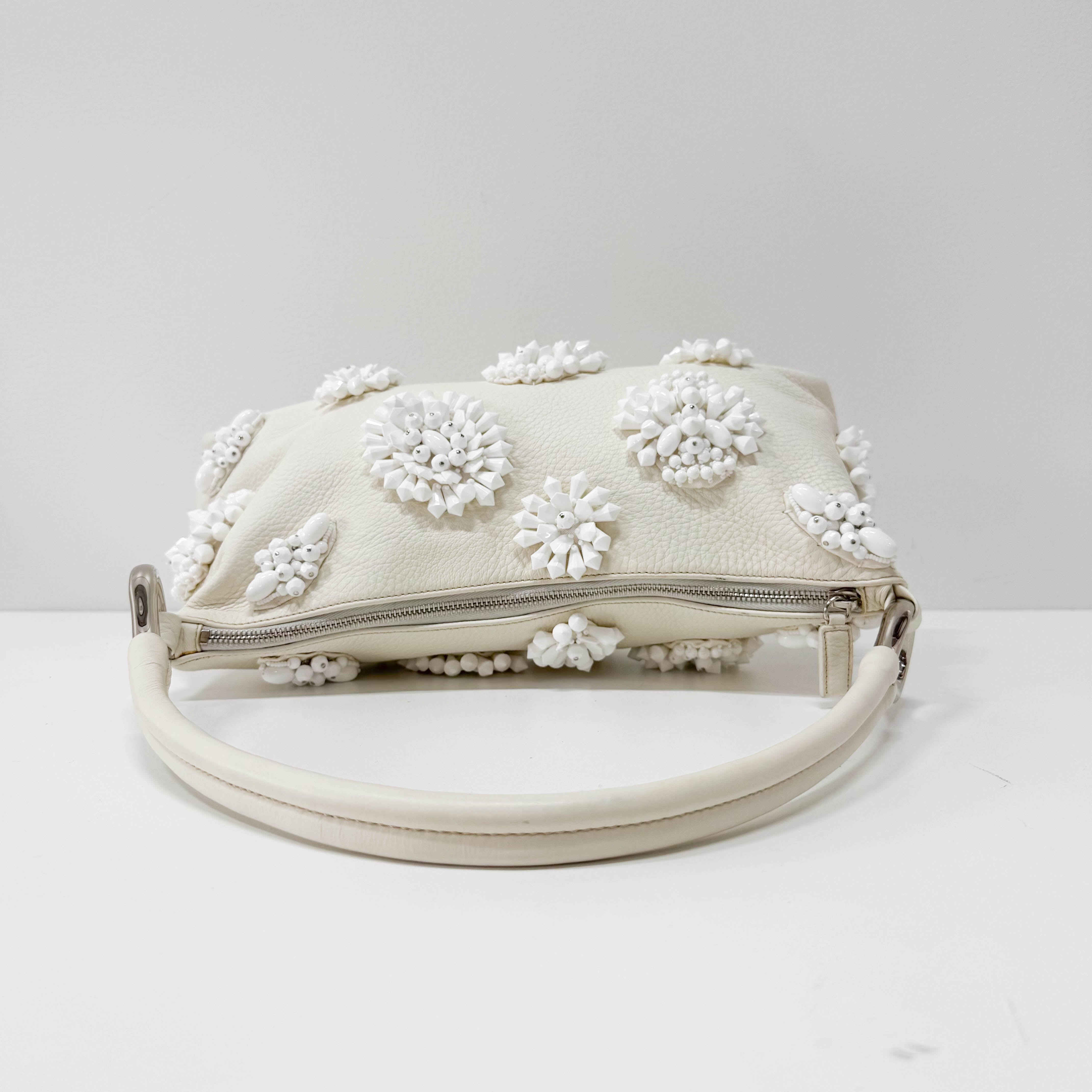 White Leather Embroidered Shoulder Bag