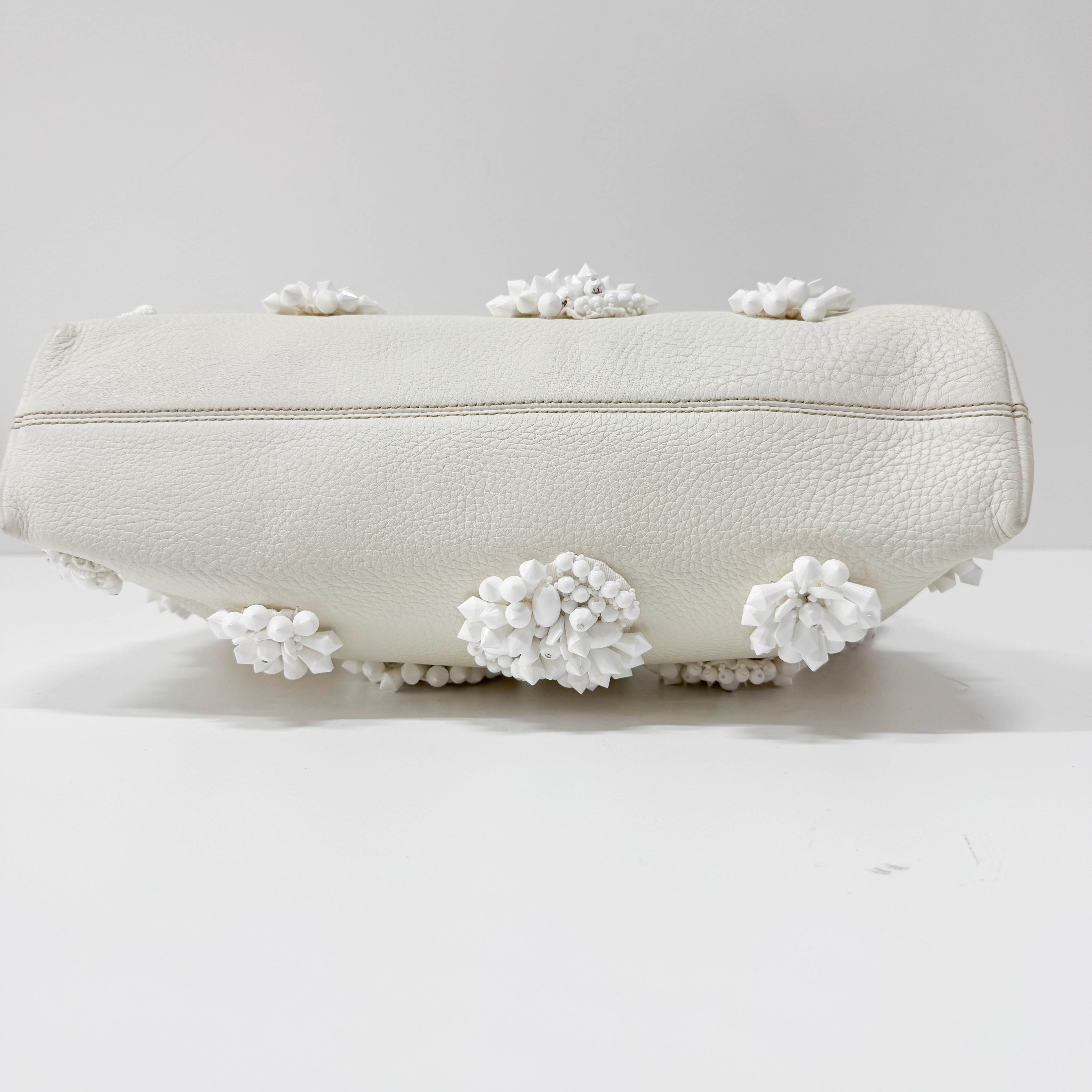 White Leather Embroidered Shoulder Bag