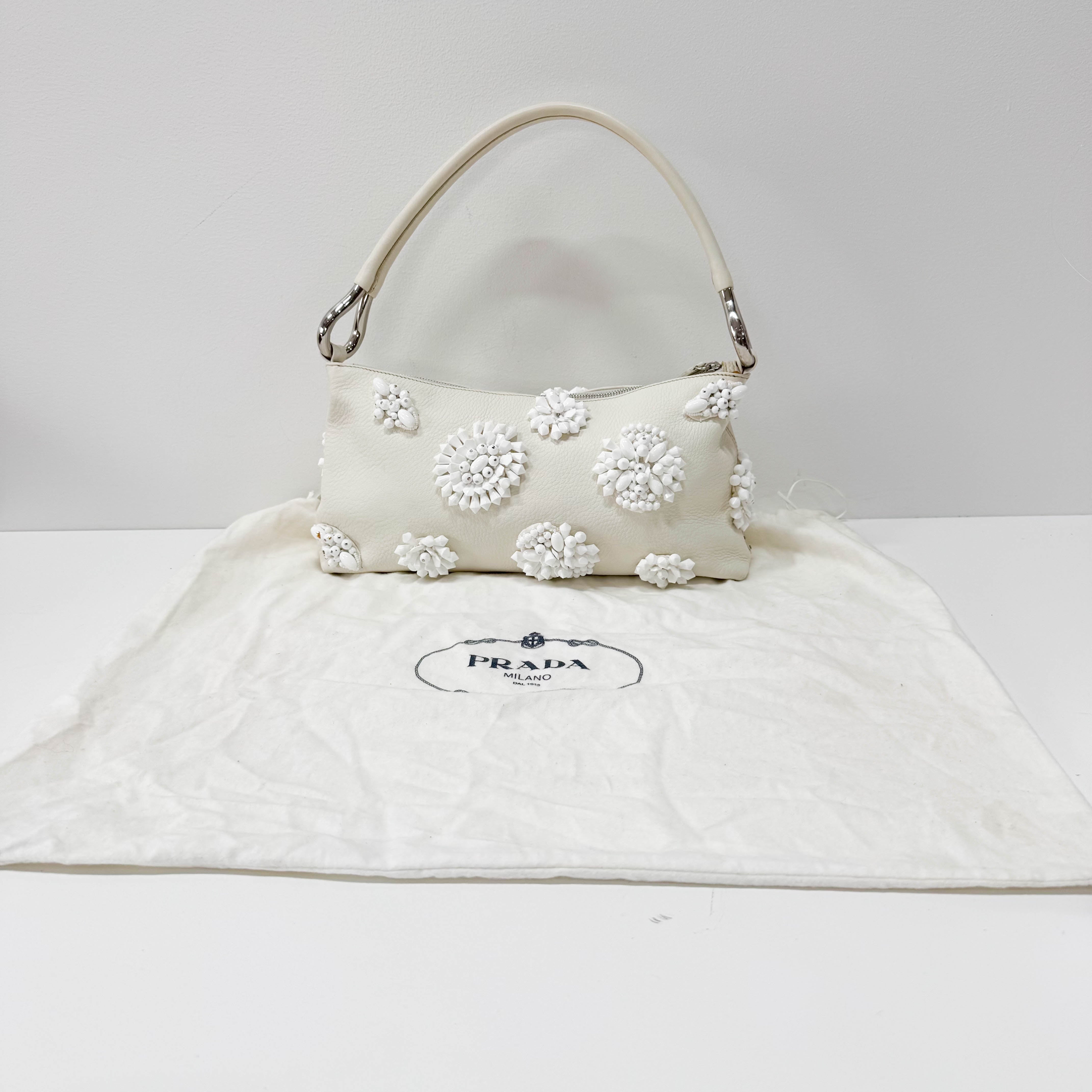 White Leather Embroidered Shoulder Bag
