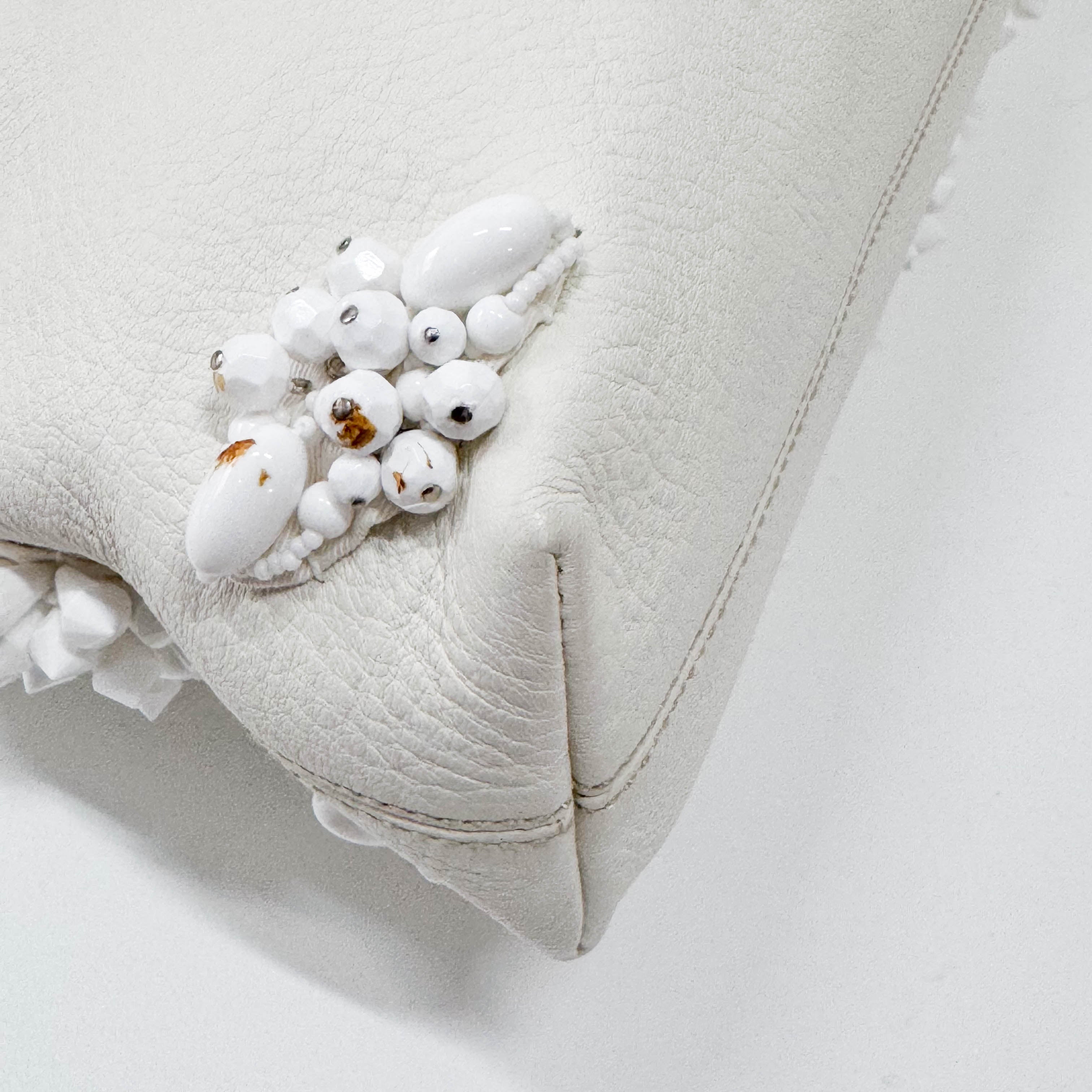 White Leather Embroidered Shoulder Bag