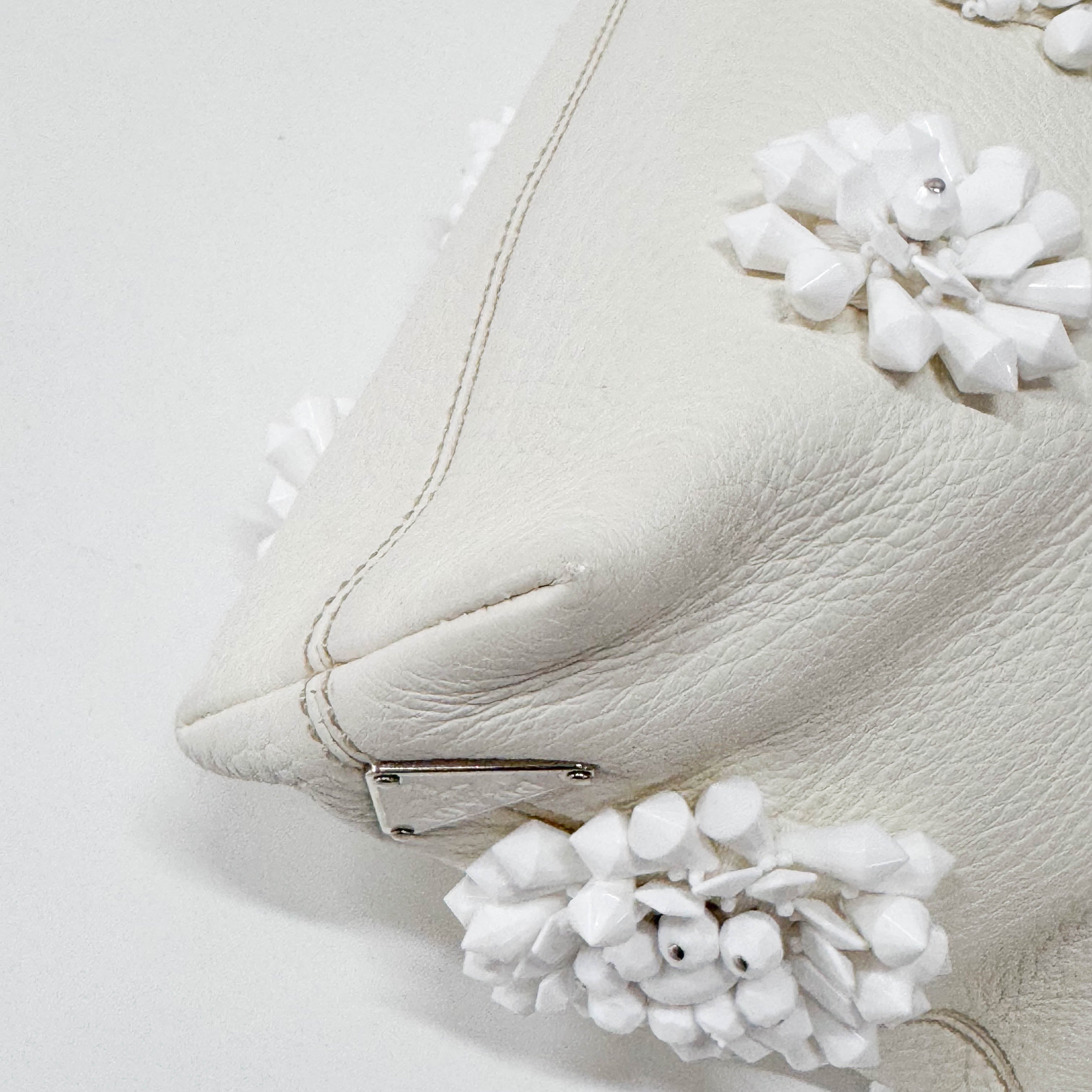 White Leather Embroidered Shoulder Bag