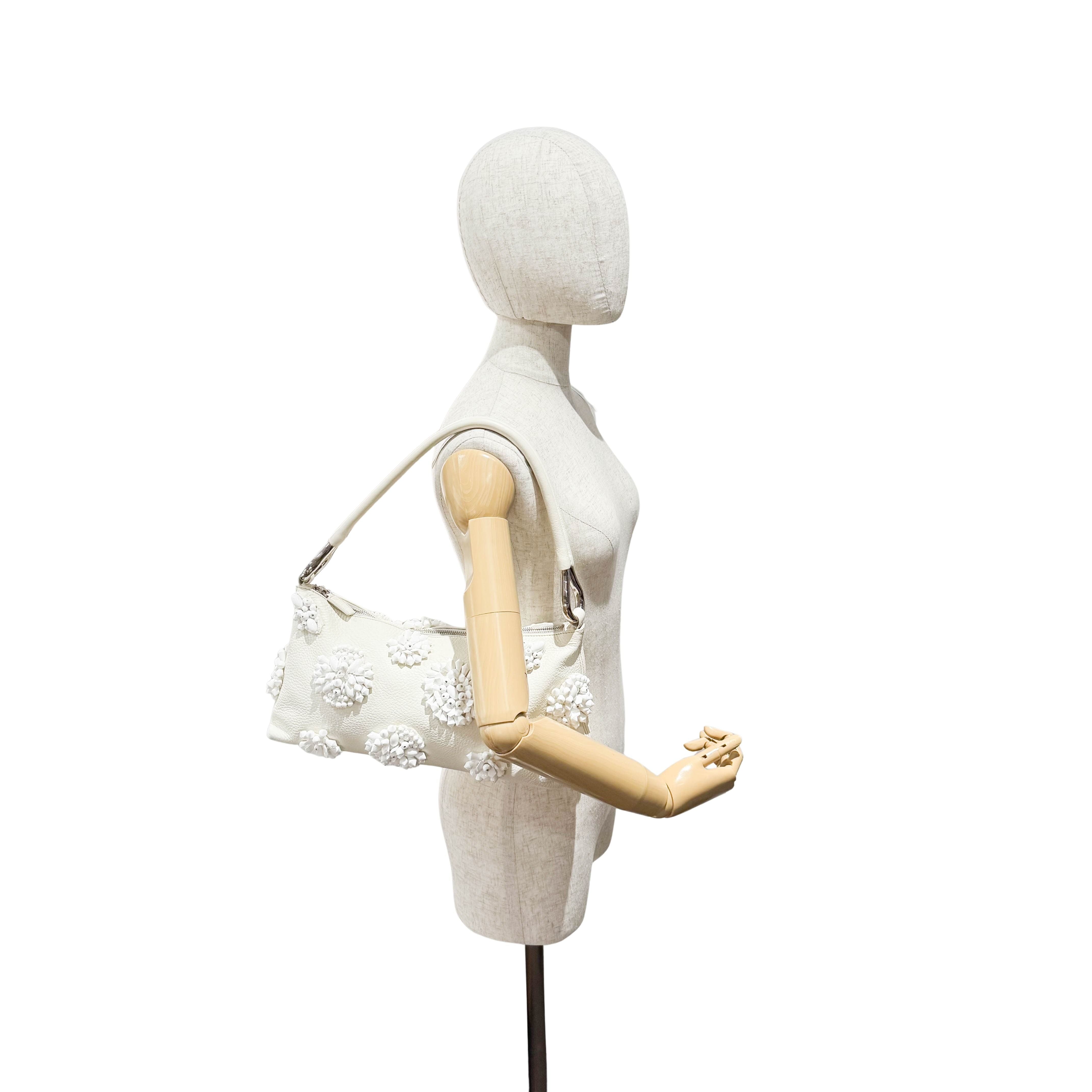 White Leather Embroidered Shoulder Bag