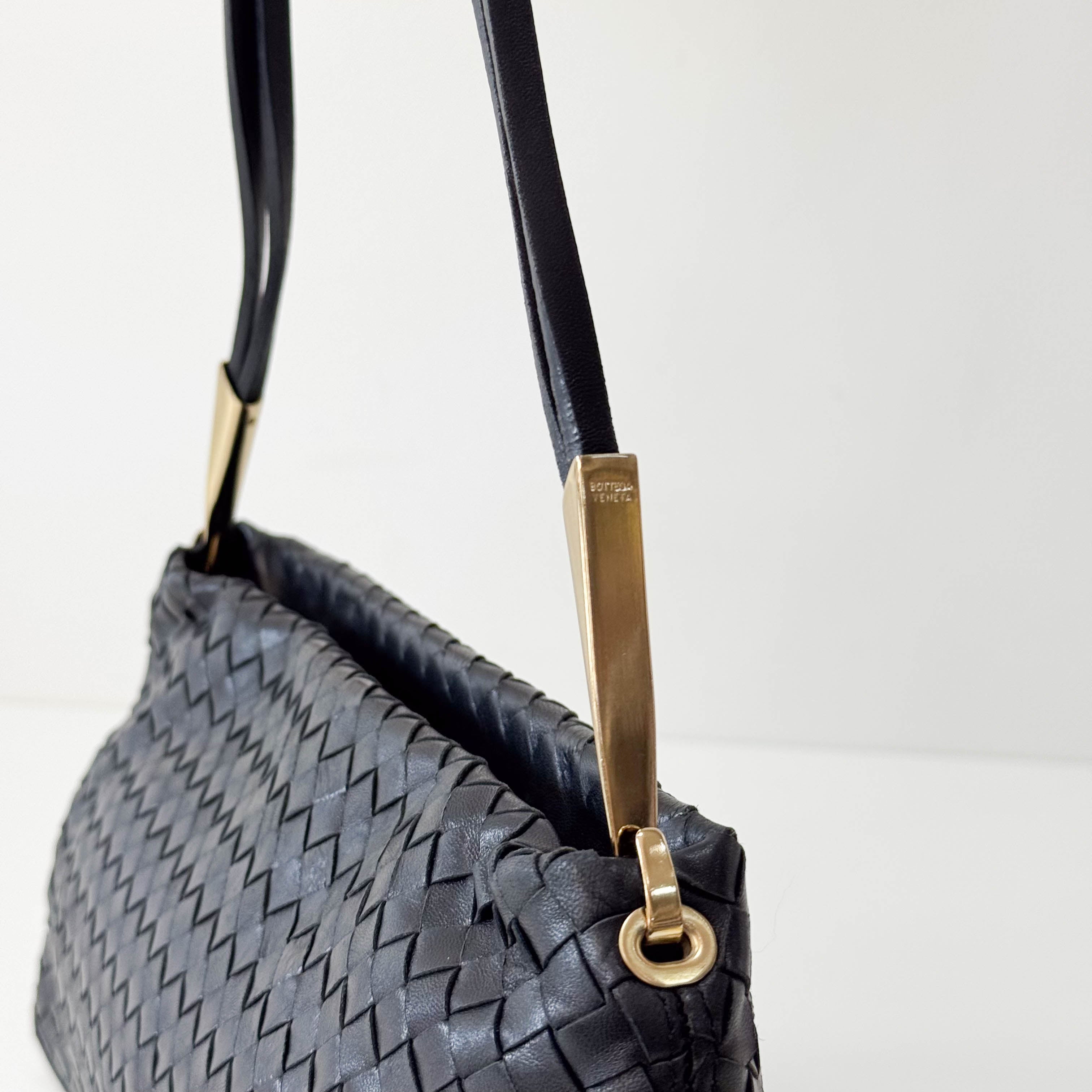 Intrecciato Black Leather Shoulder Bag