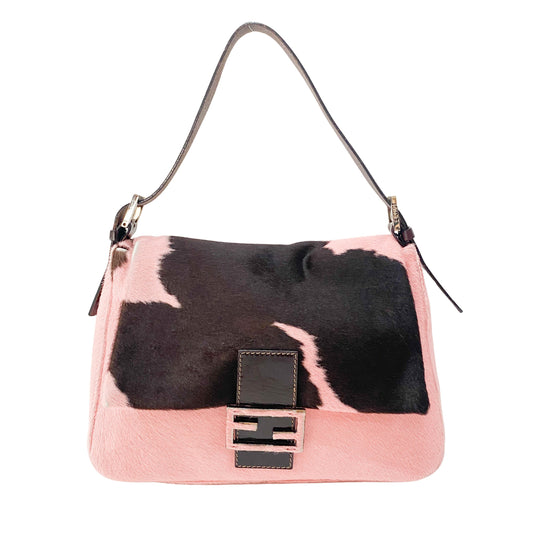 Mamma Baguette Pink Pony Hair Cow Print Shoulder Bag
