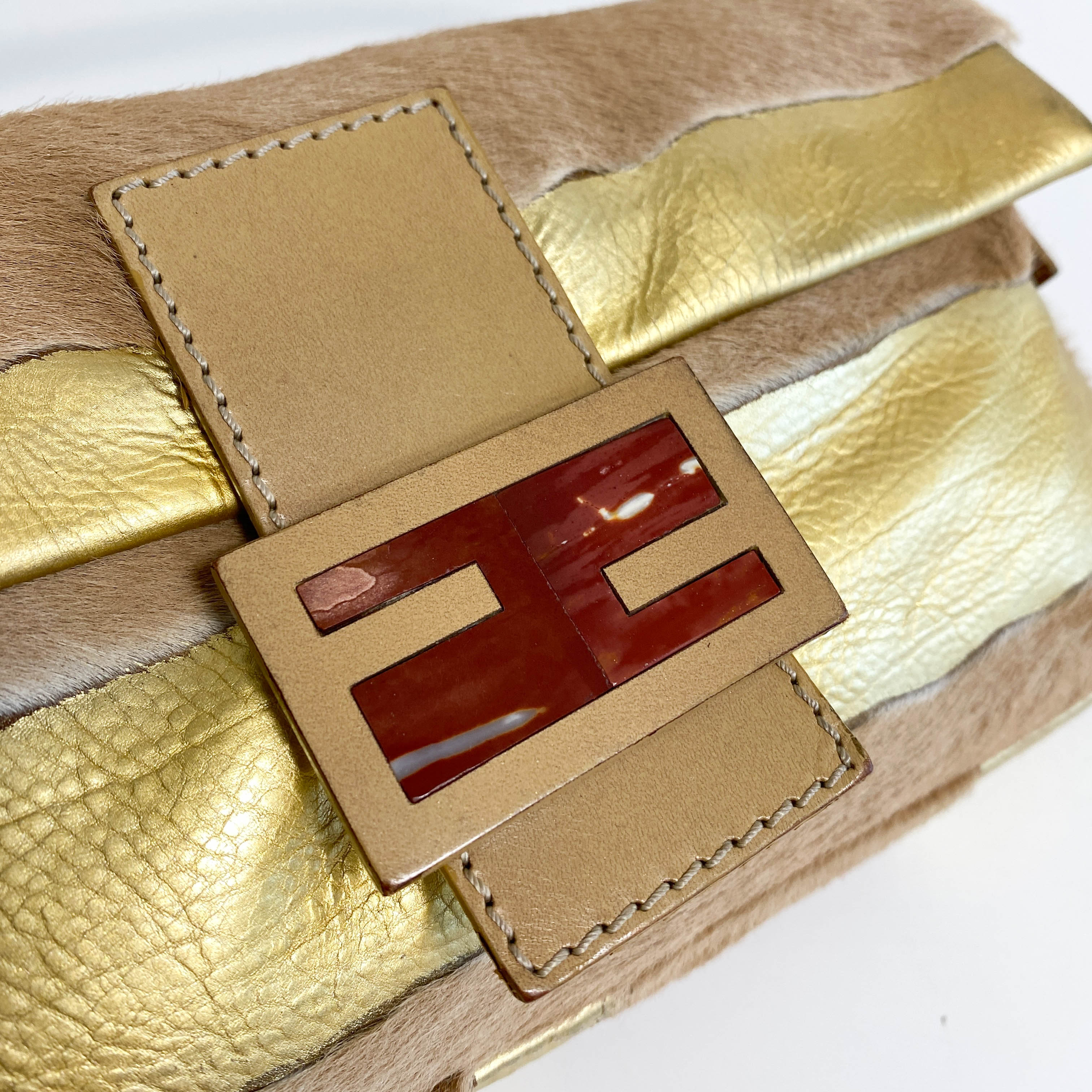 Baguette Pony Hair Gold Shoulder Bag