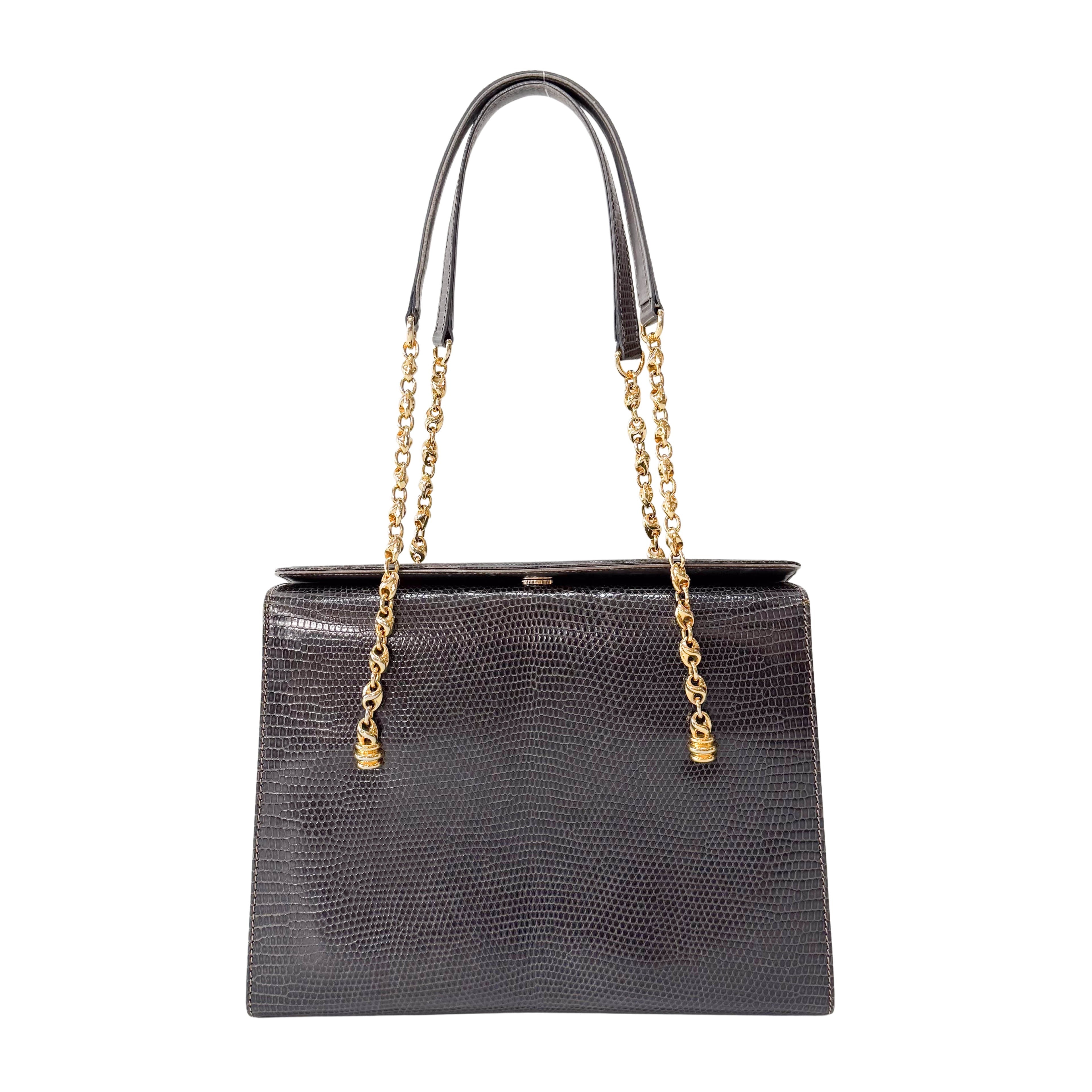 Grey Embossed Lizard Leather Shoulder Bag