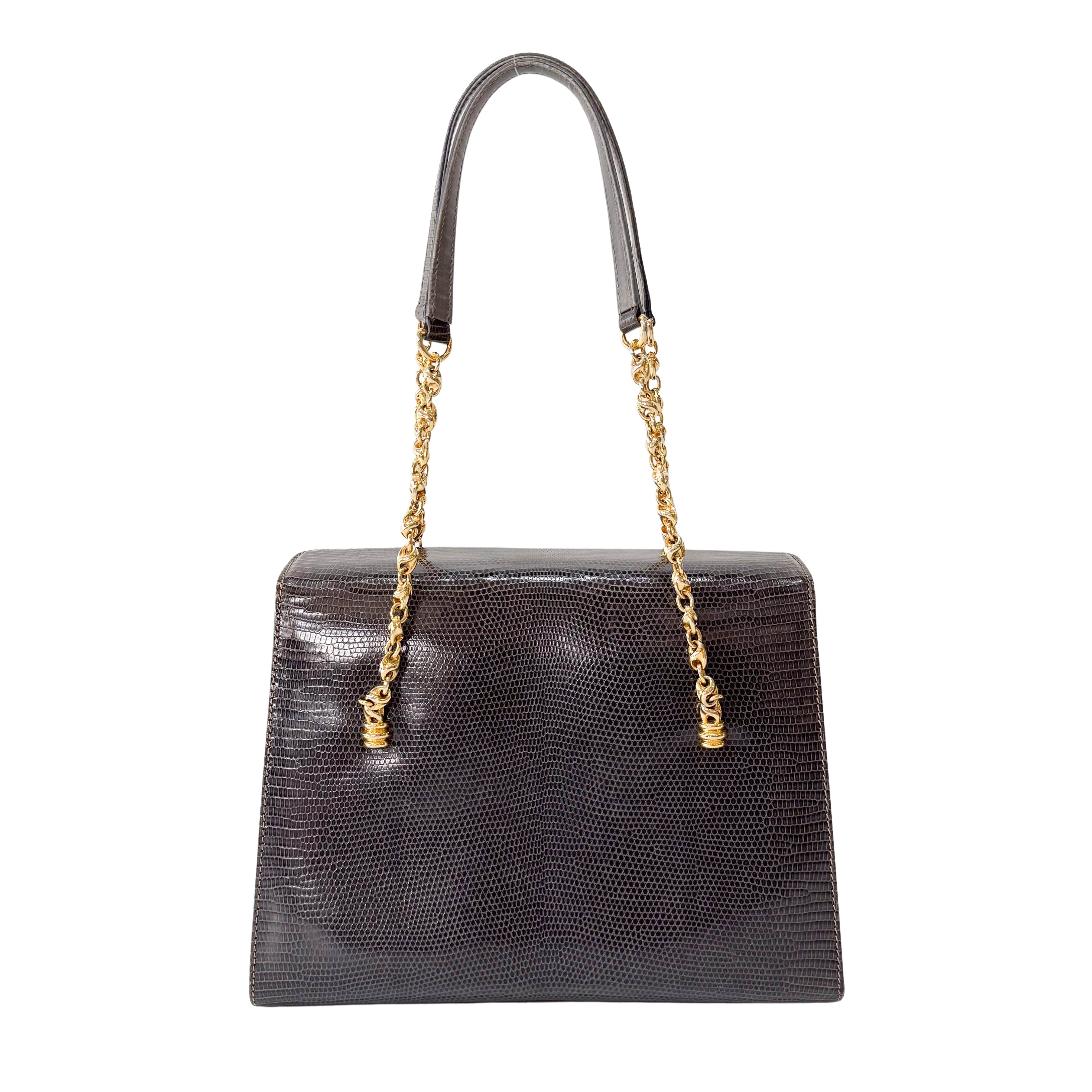 Grey Embossed Lizard Leather Shoulder Bag
