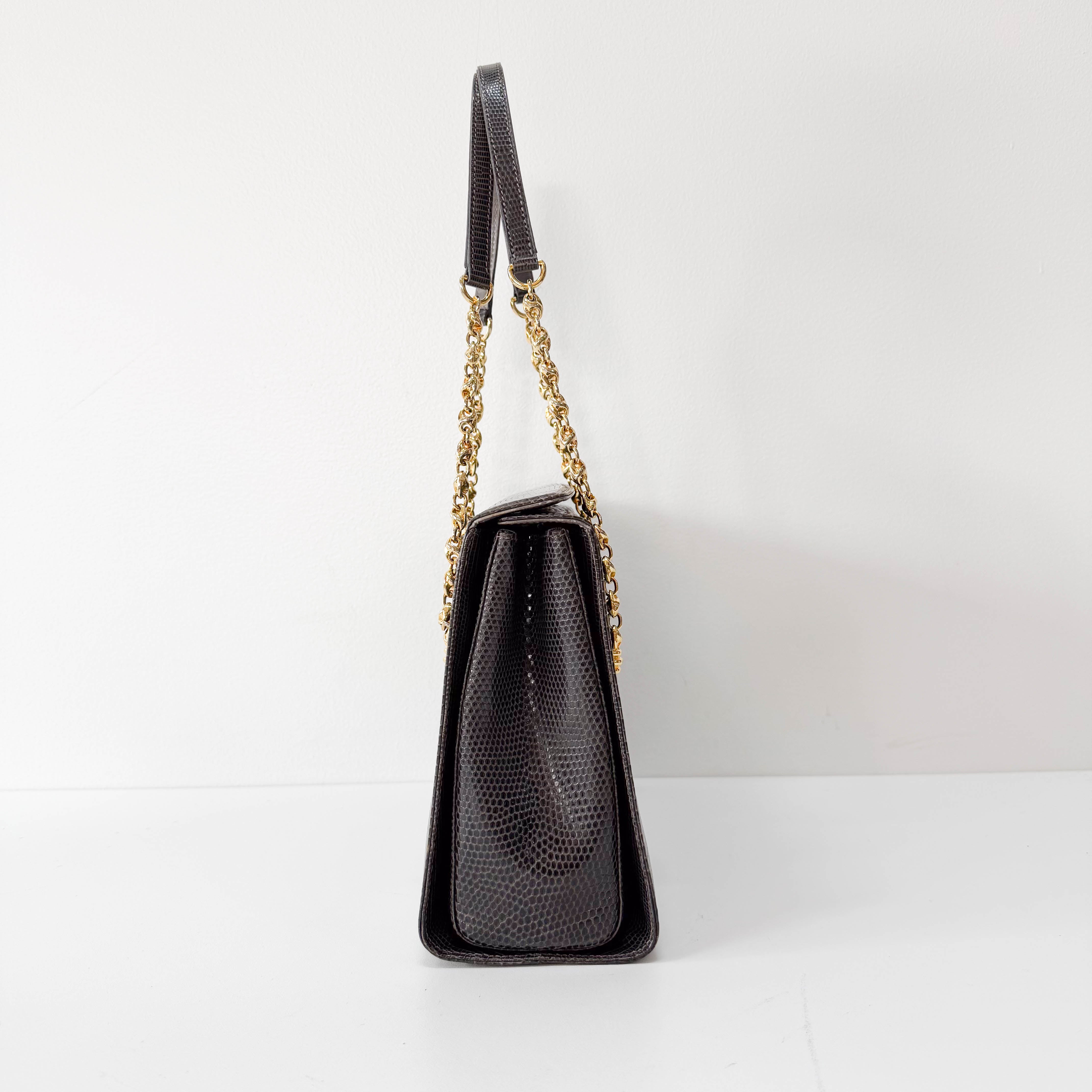 Grey Embossed Lizard Leather Shoulder Bag