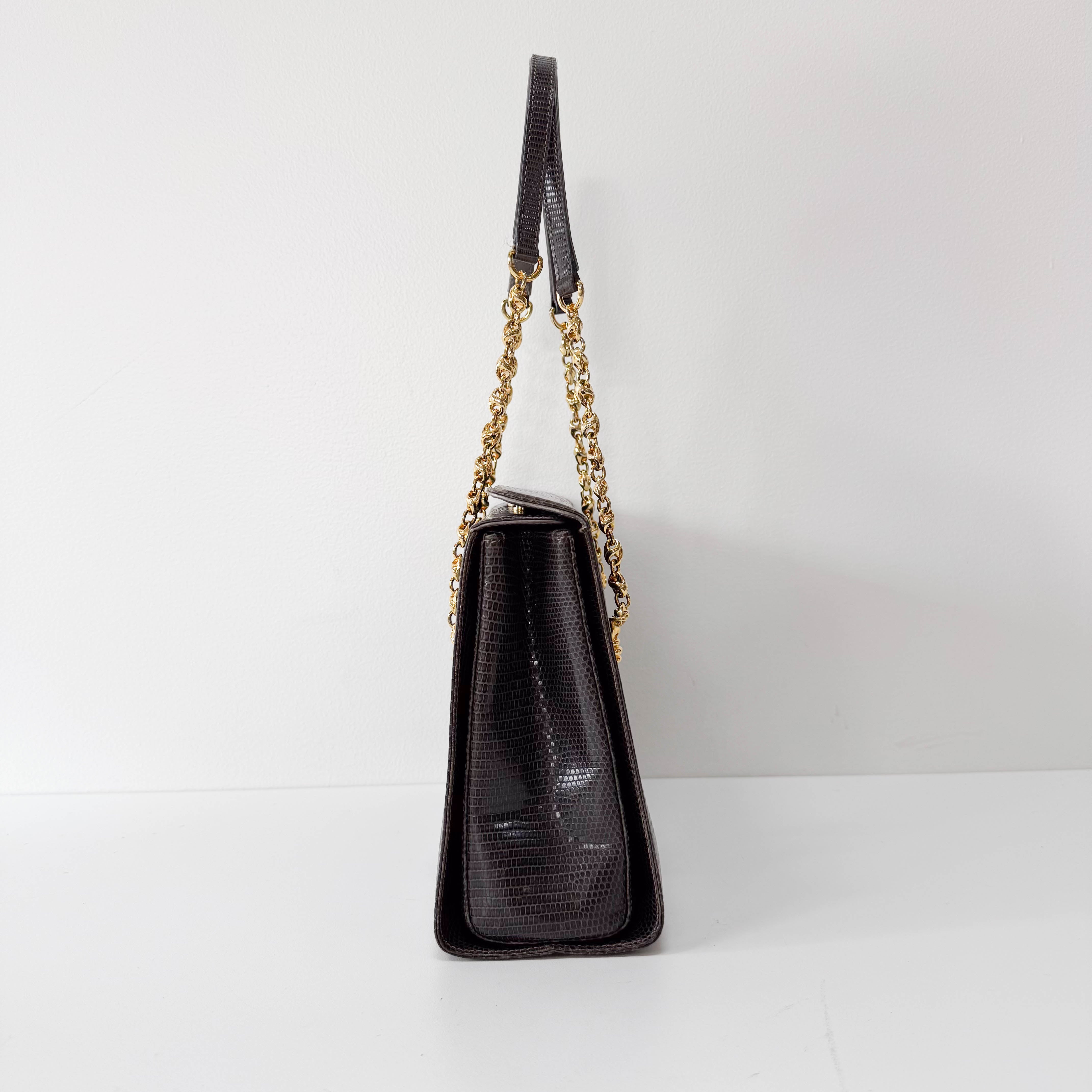 Grey Embossed Lizard Leather Shoulder Bag