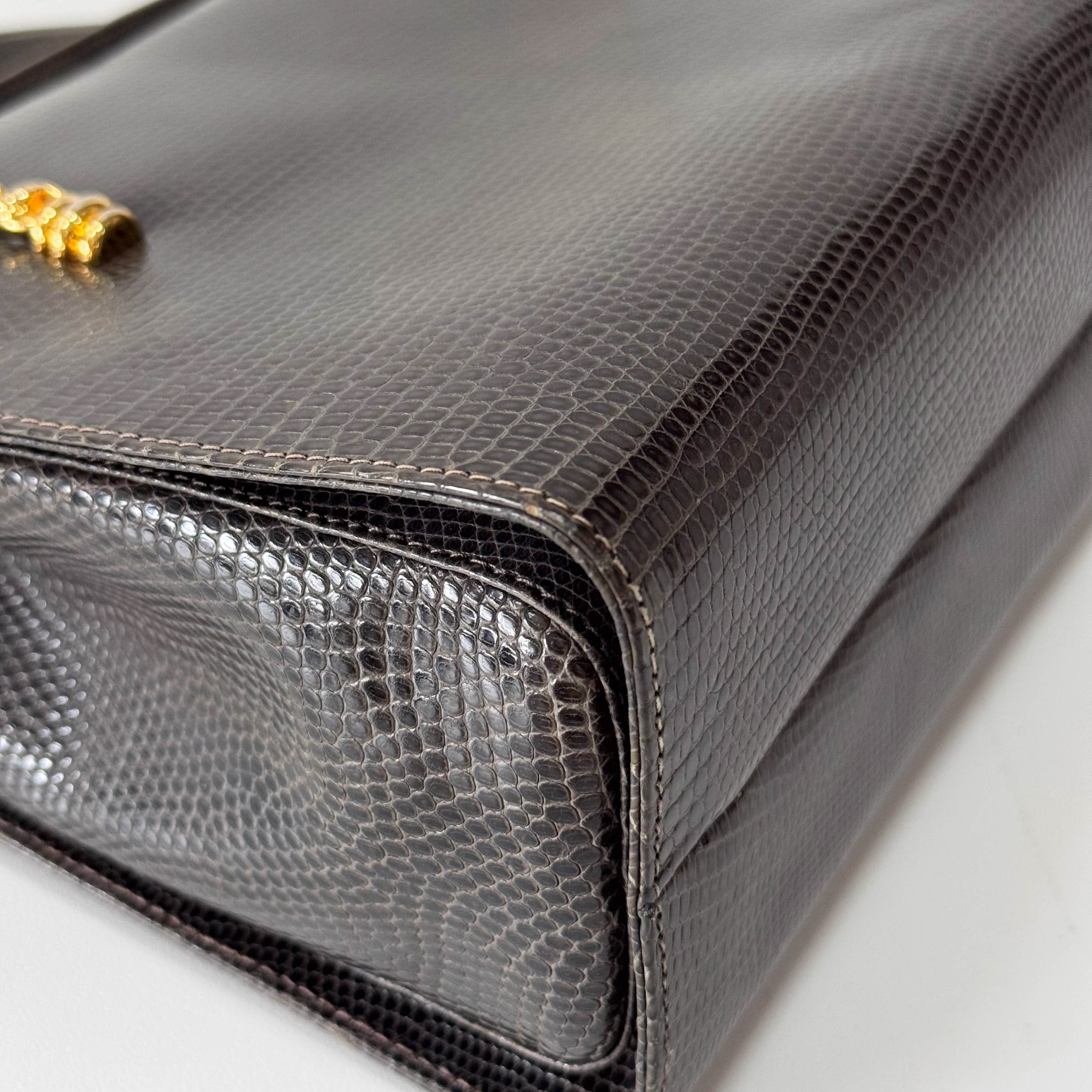 Grey Embossed Lizard Leather Shoulder Bag