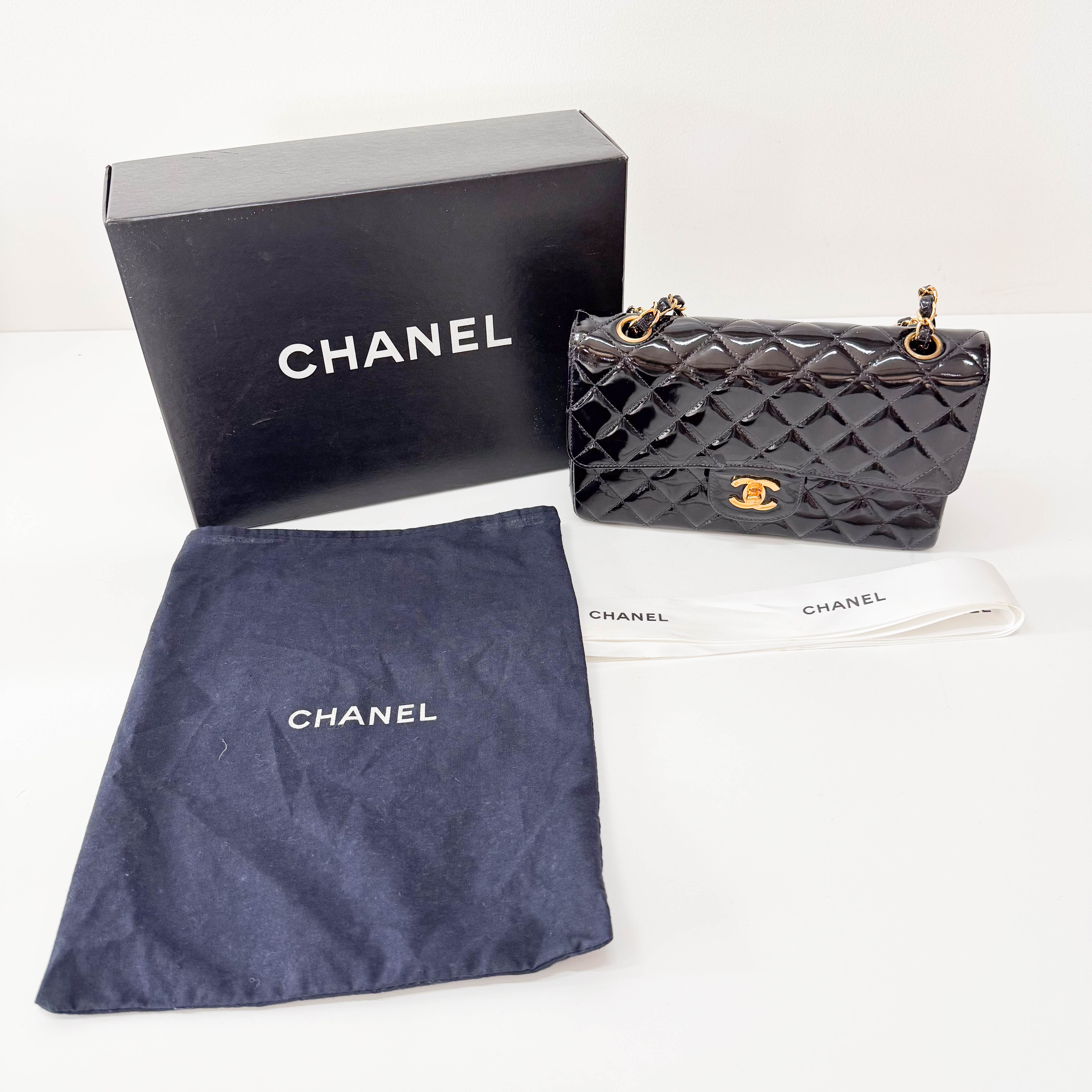 Matelassé Double Flap Black Patent Leather Shoulder Bag