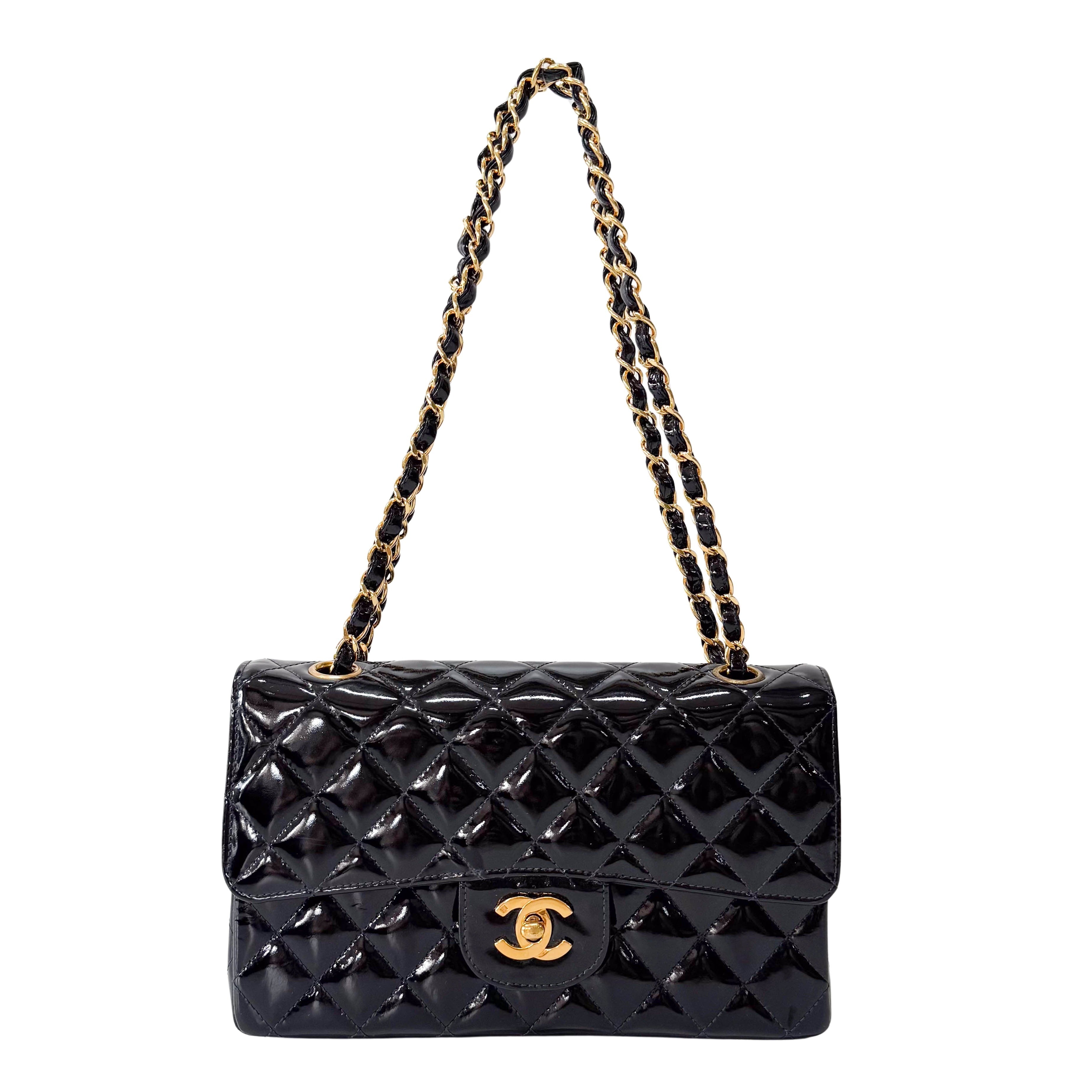 Matelassé Double Flap Black Patent Leather Shoulder Bag