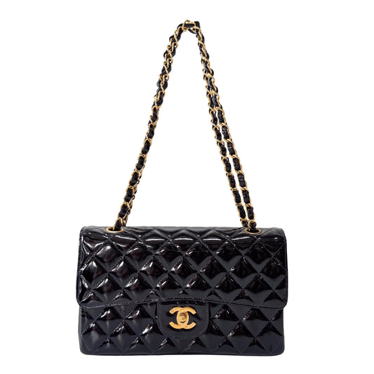 Matelassé Double Flap Black Patent Leather Shoulder Bag