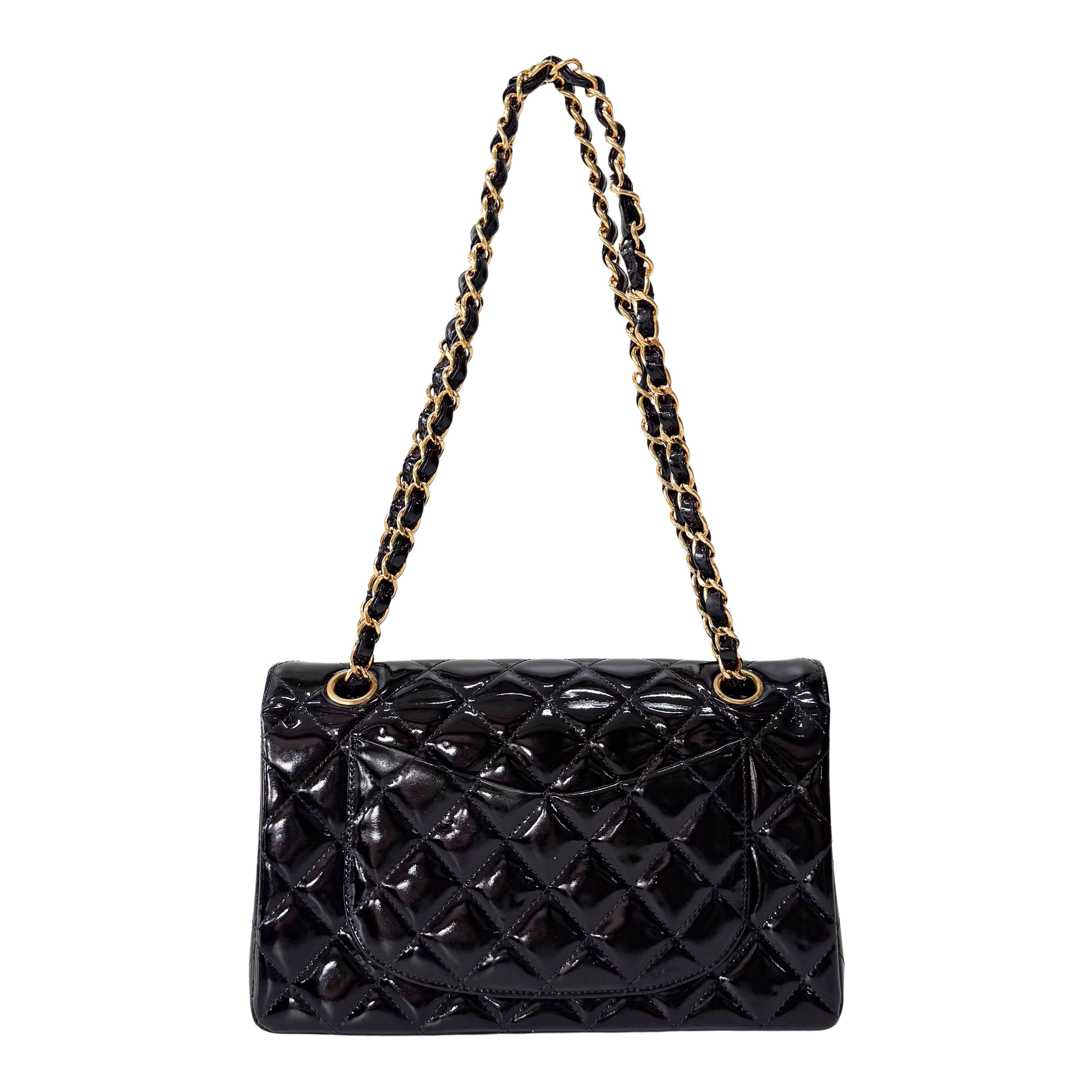 Matelassé Double Flap Black Patent Leather Shoulder Bag