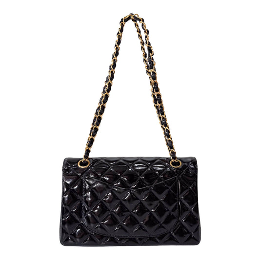 Matelassé Double Flap Black Patent Leather Shoulder Bag