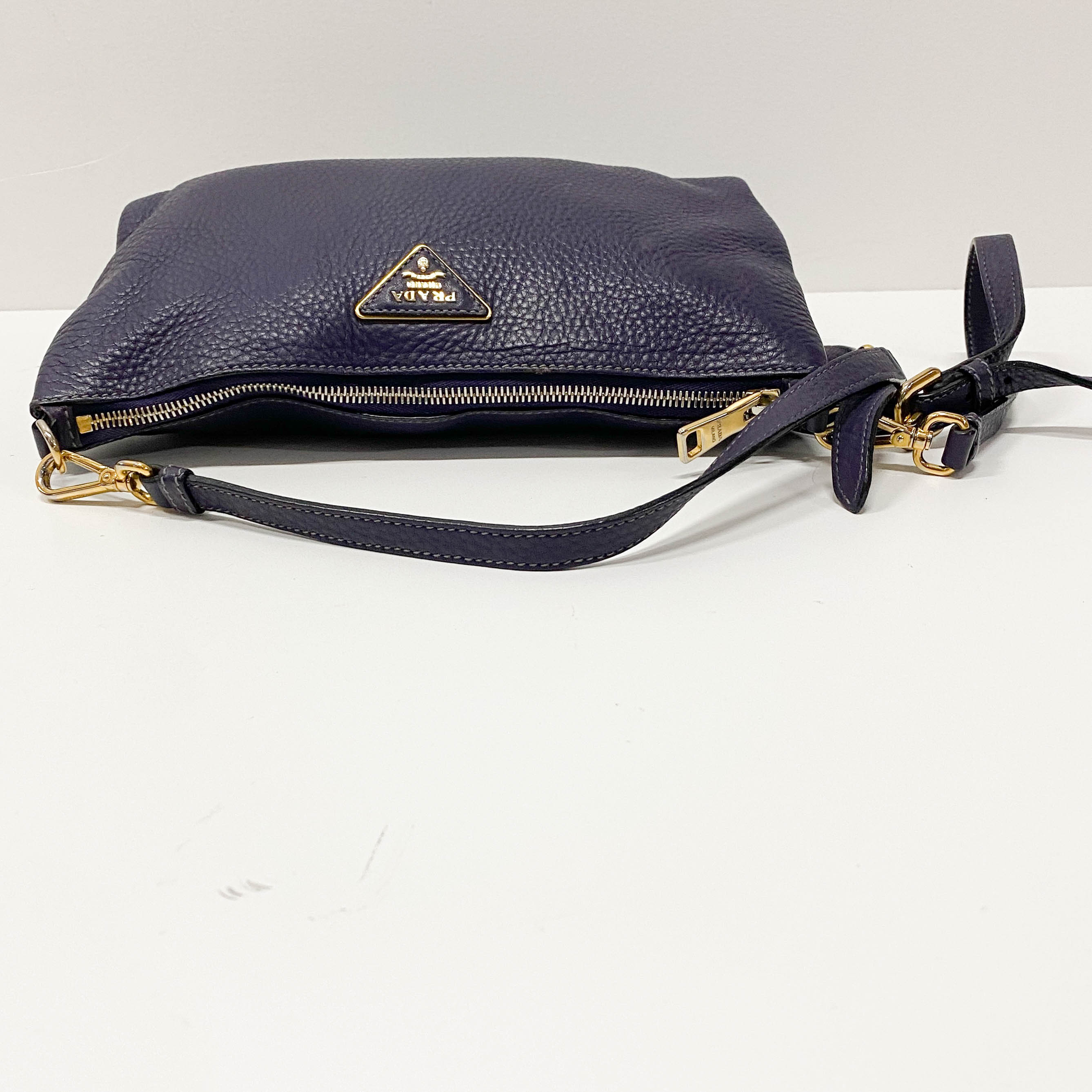 Small Purple Grained Calfskin Leather Crossbody Pouch