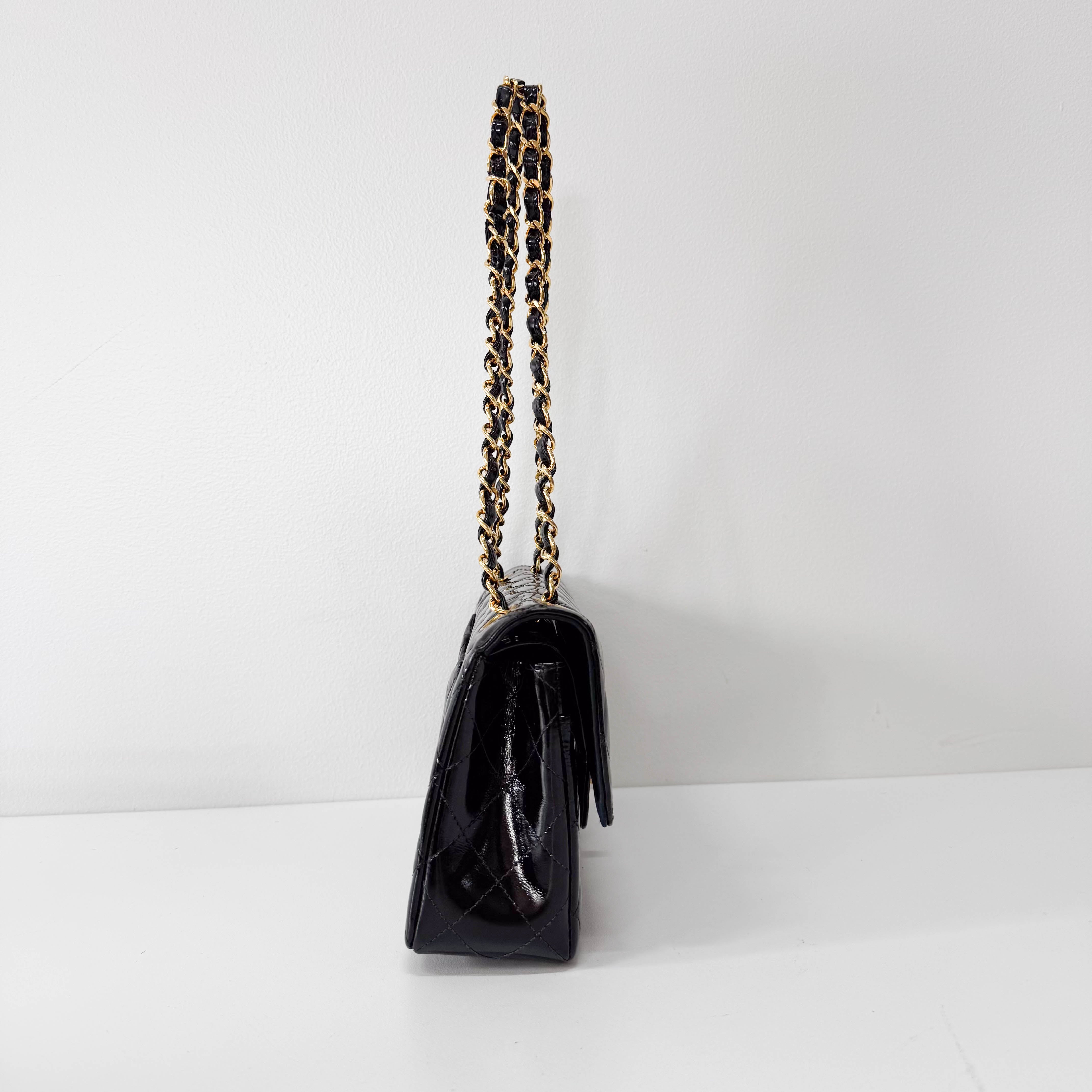 Matelassé Double Flap Black Patent Leather Shoulder Bag