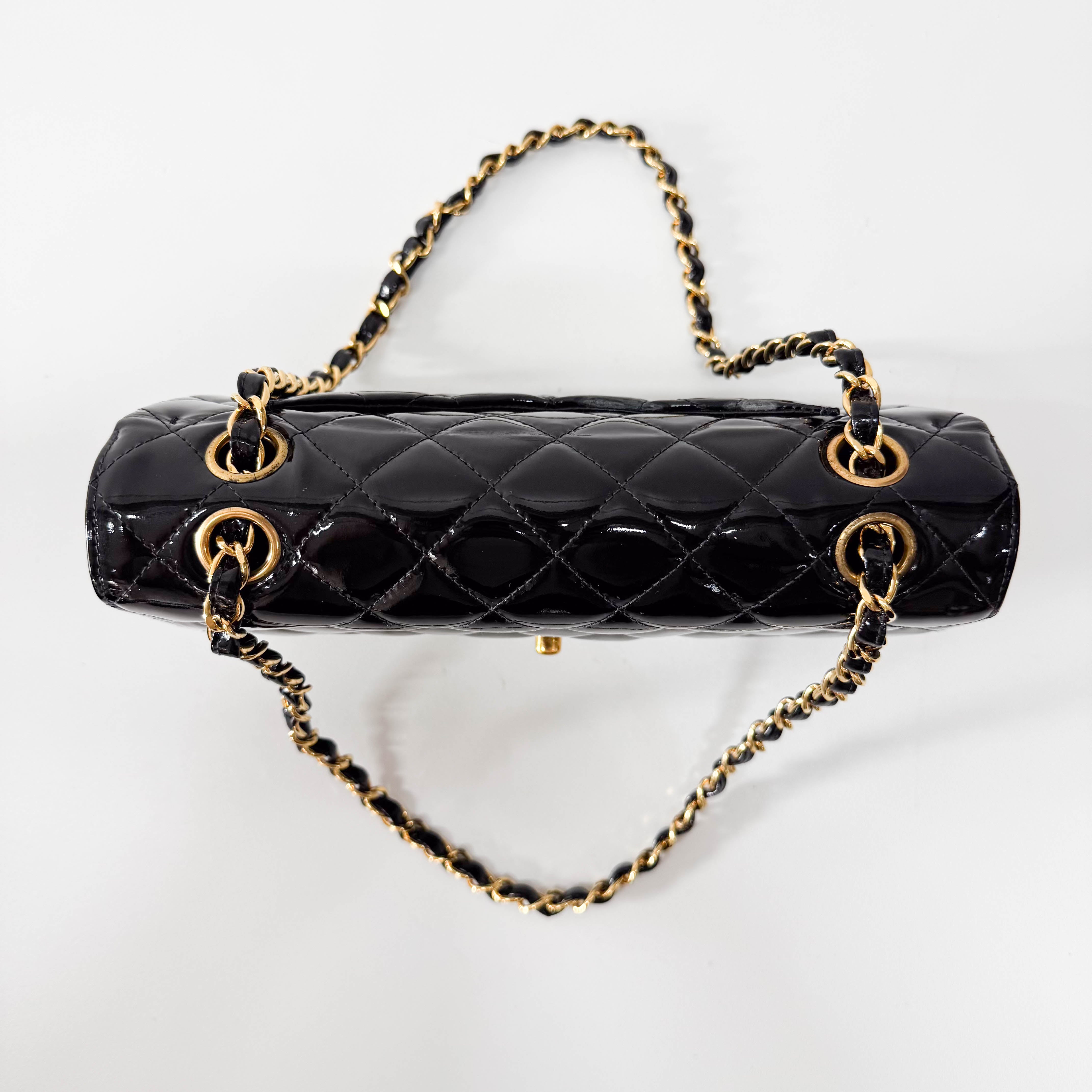 Matelassé Double Flap Black Patent Leather Shoulder Bag