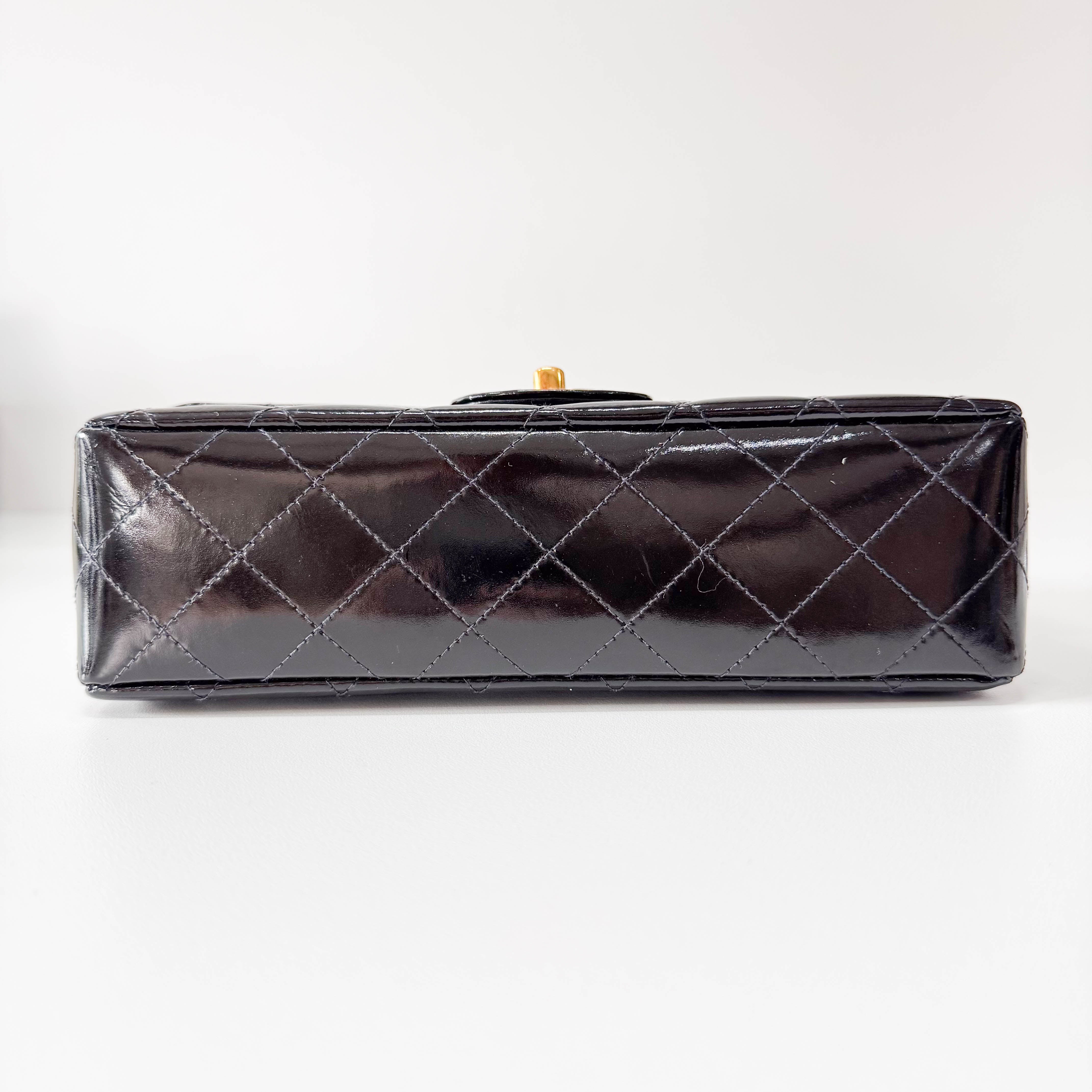 Matelassé Double Flap Black Patent Leather Shoulder Bag