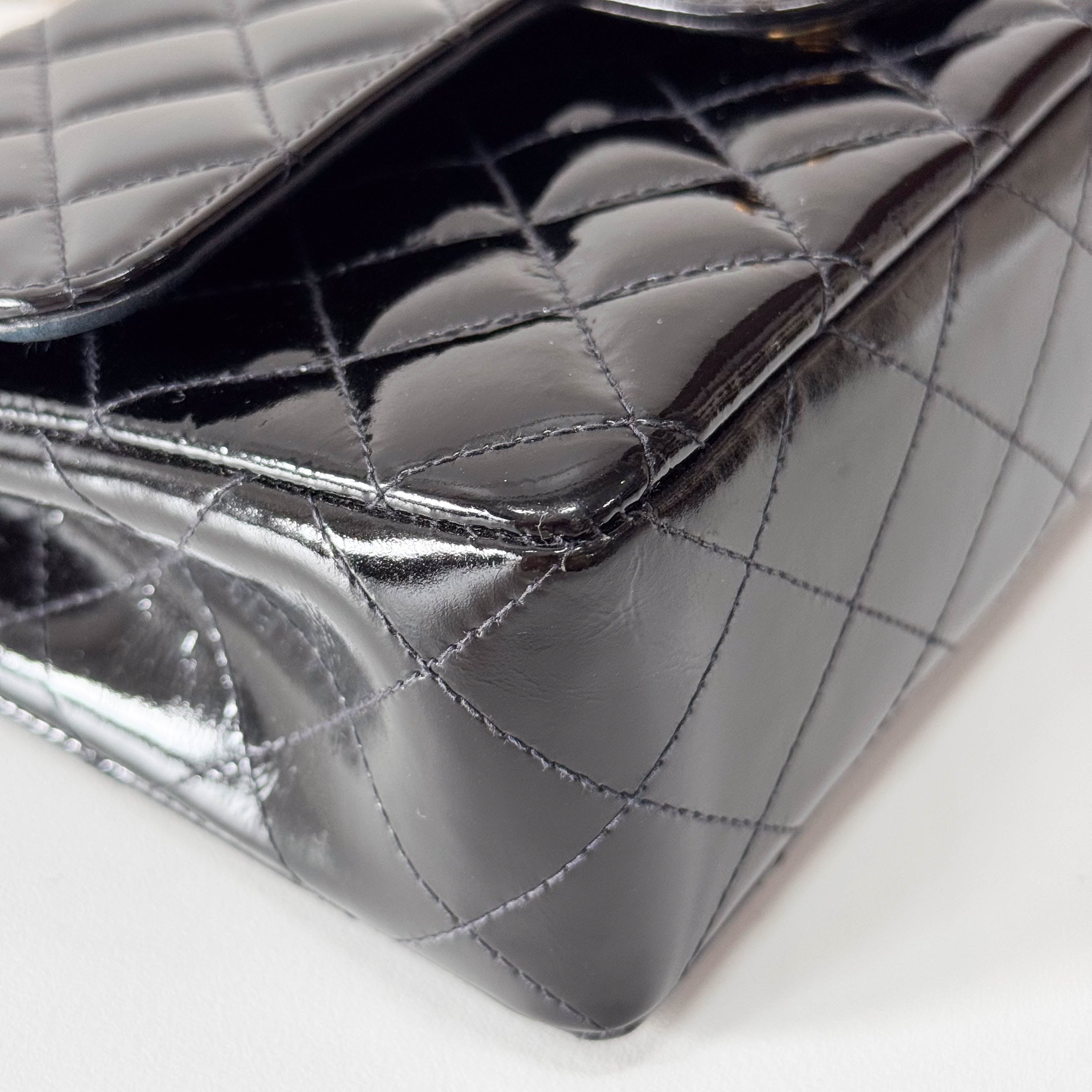 Matelassé Double Flap Black Patent Leather Shoulder Bag