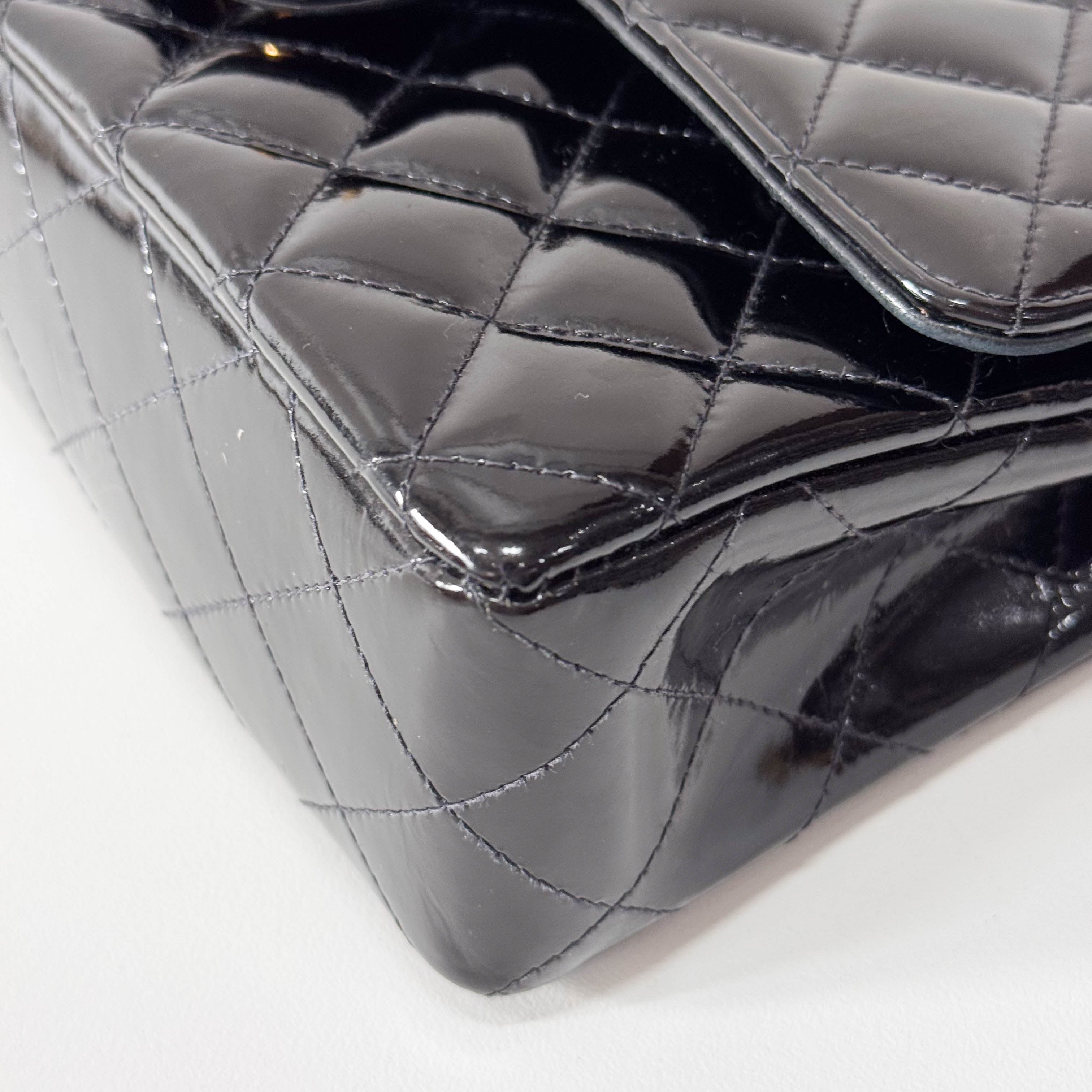 Matelassé Double Flap Black Patent Leather Shoulder Bag