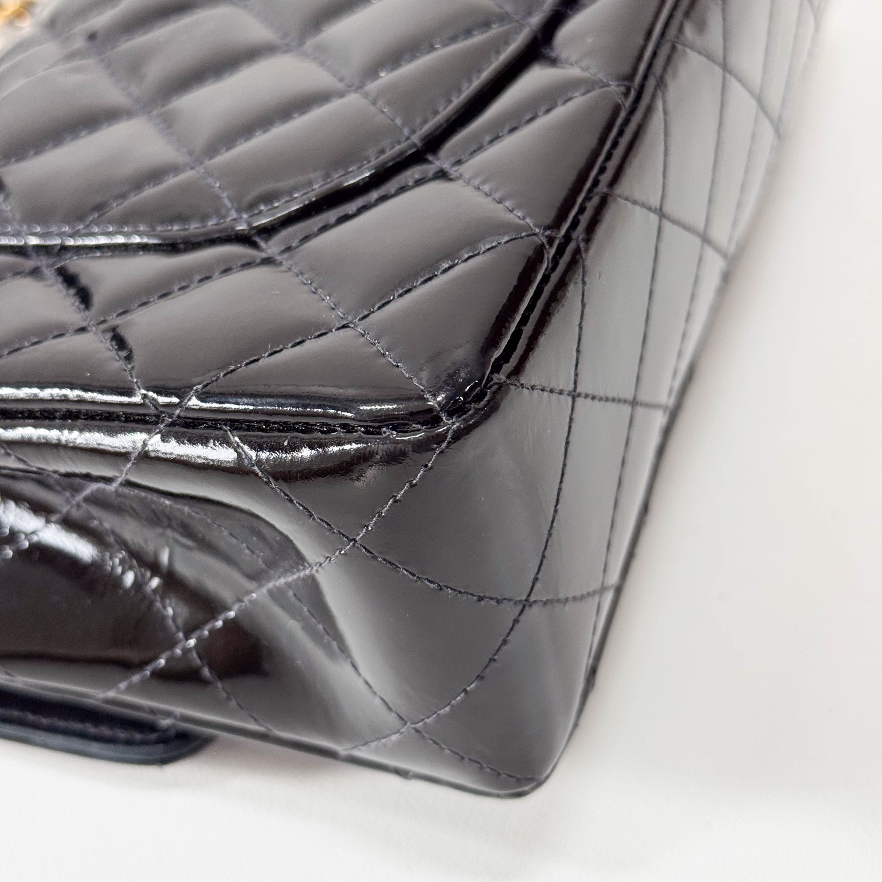 Matelassé Double Flap Black Patent Leather Shoulder Bag