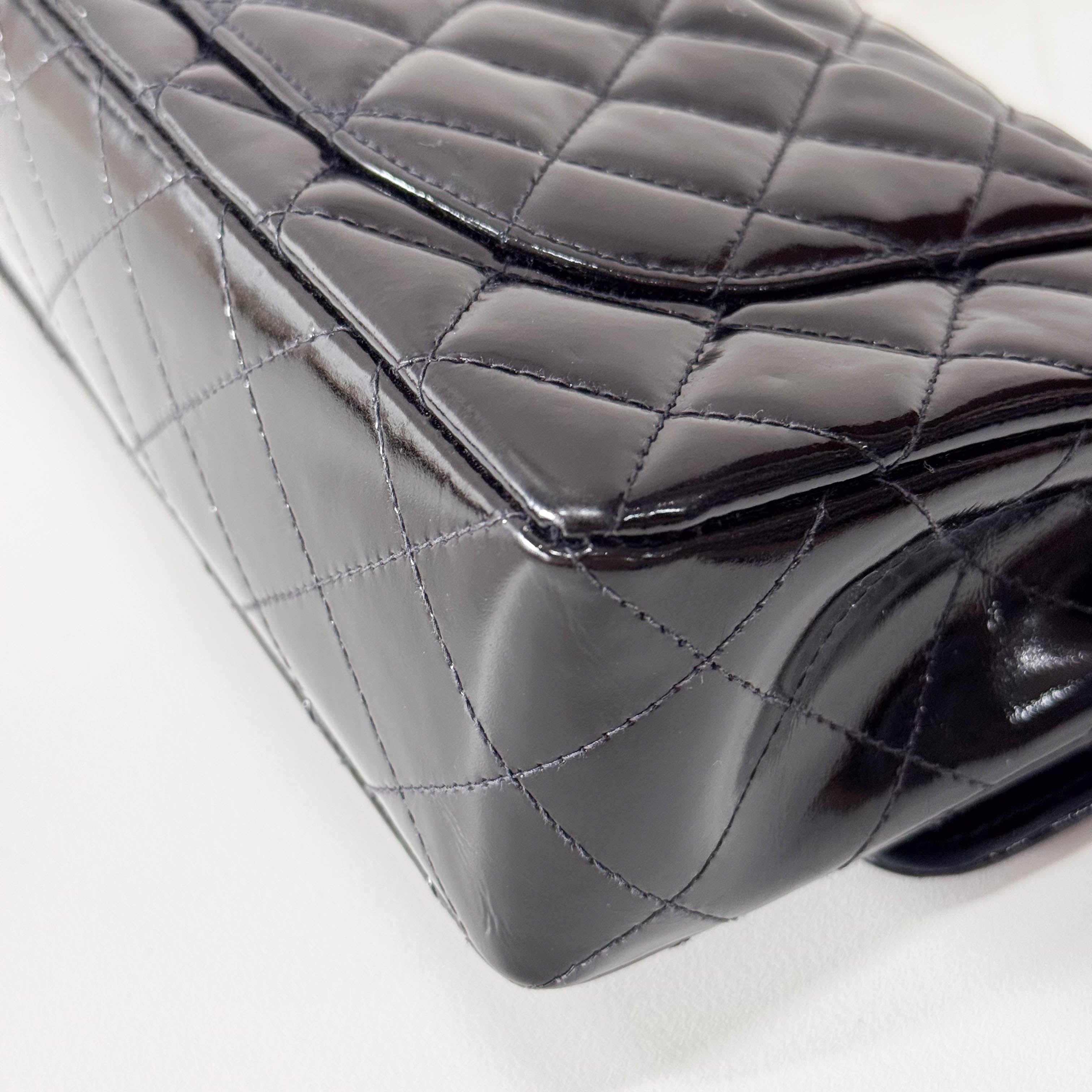 Matelassé Double Flap Black Patent Leather Shoulder Bag