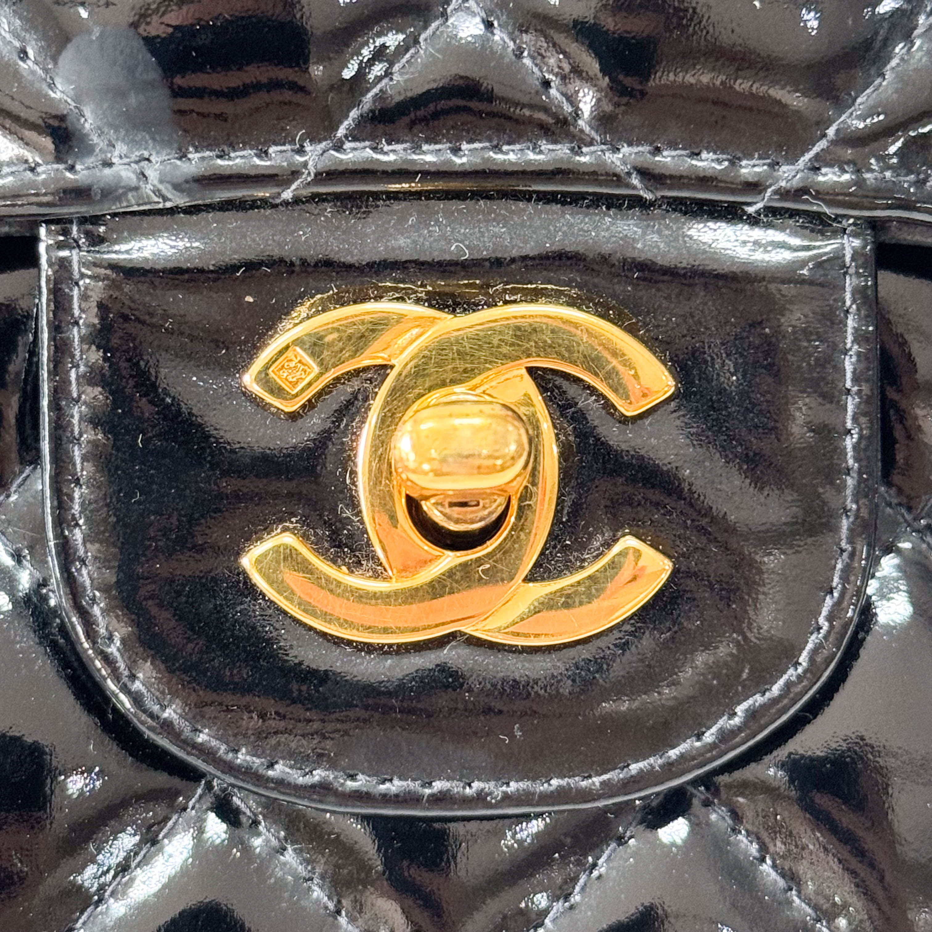 Matelassé Double Flap Black Patent Leather Shoulder Bag