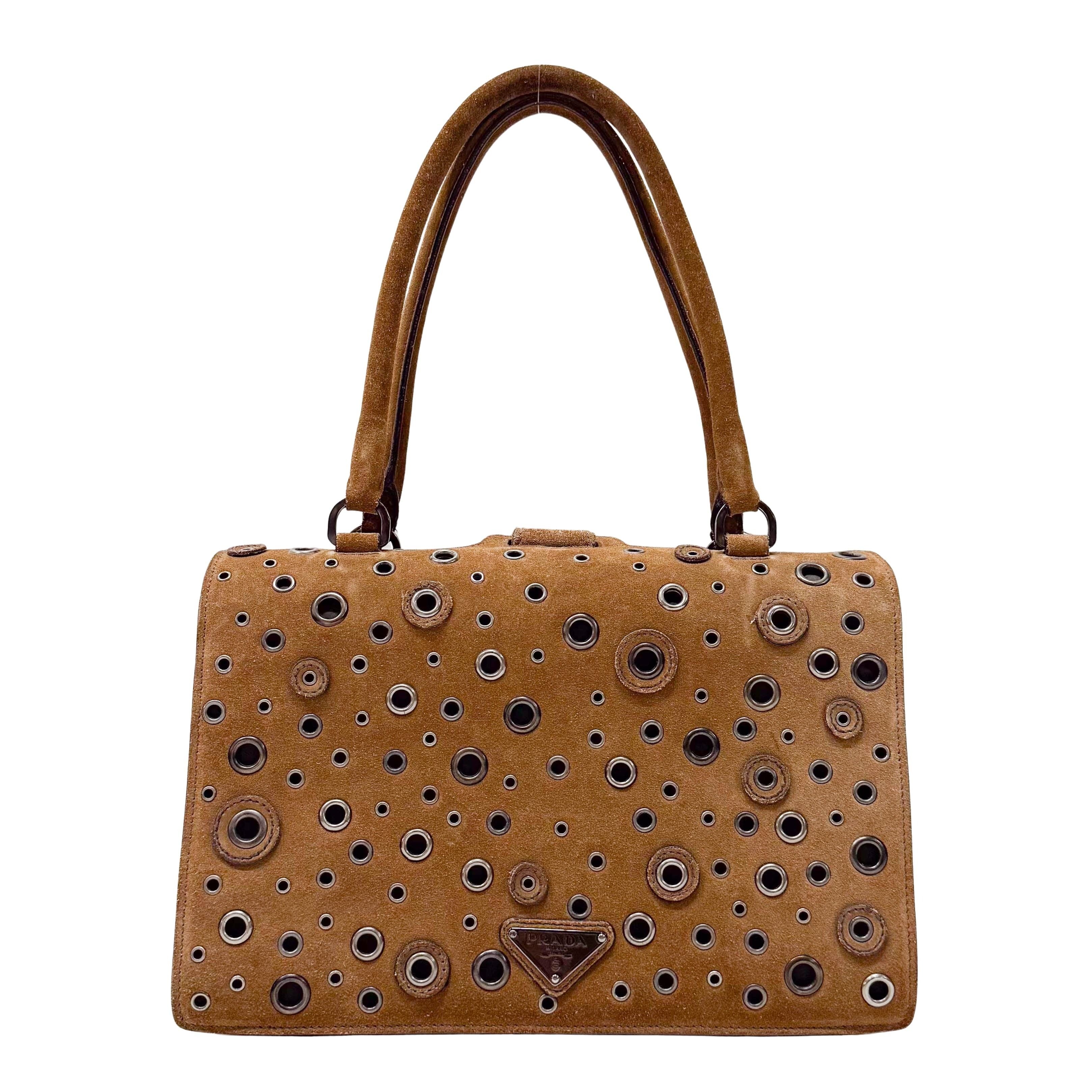 Grommet Frame Brown Suede Shoulder Bag