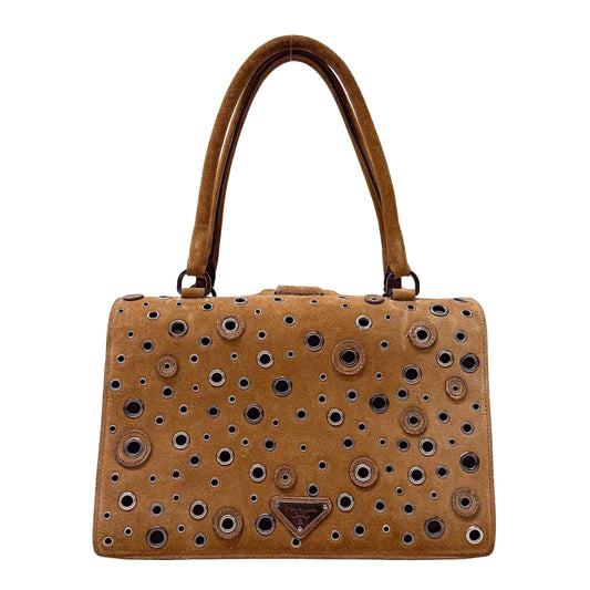 Grommet Frame Brown Suede Shoulder Bag