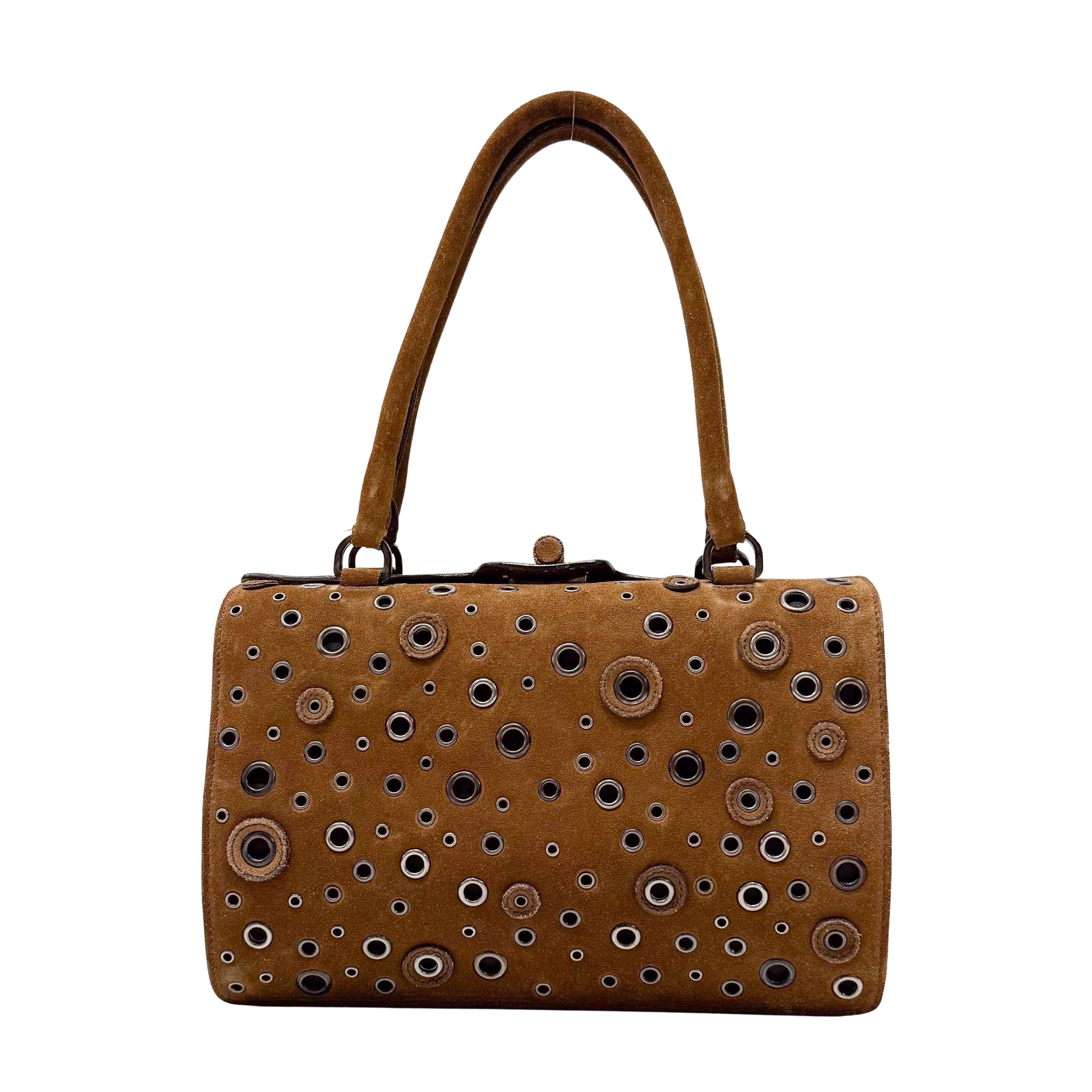 Grommet Frame Brown Suede Shoulder Bag