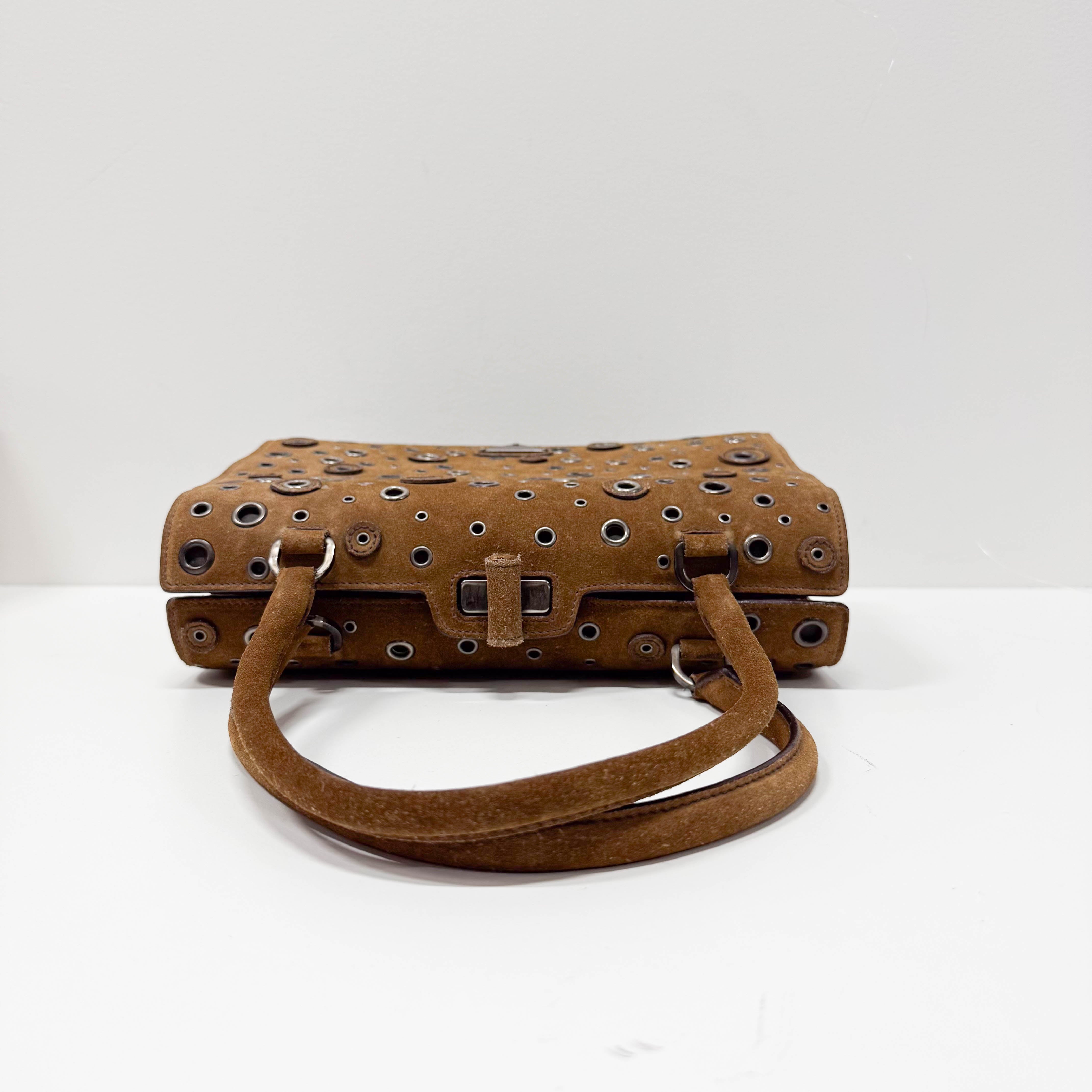 Grommet Frame Brown Suede Shoulder Bag