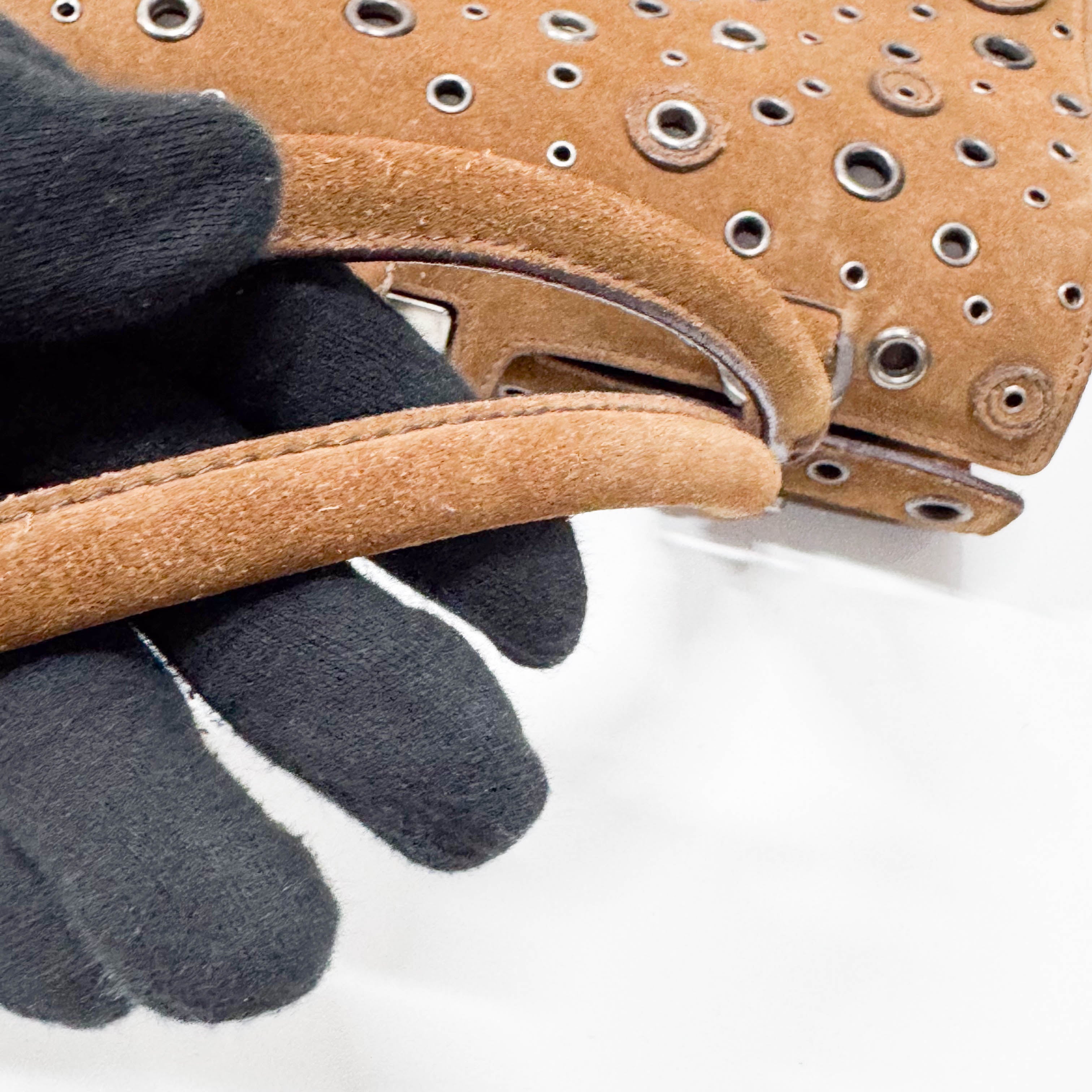 Grommet Frame Brown Suede Shoulder Bag