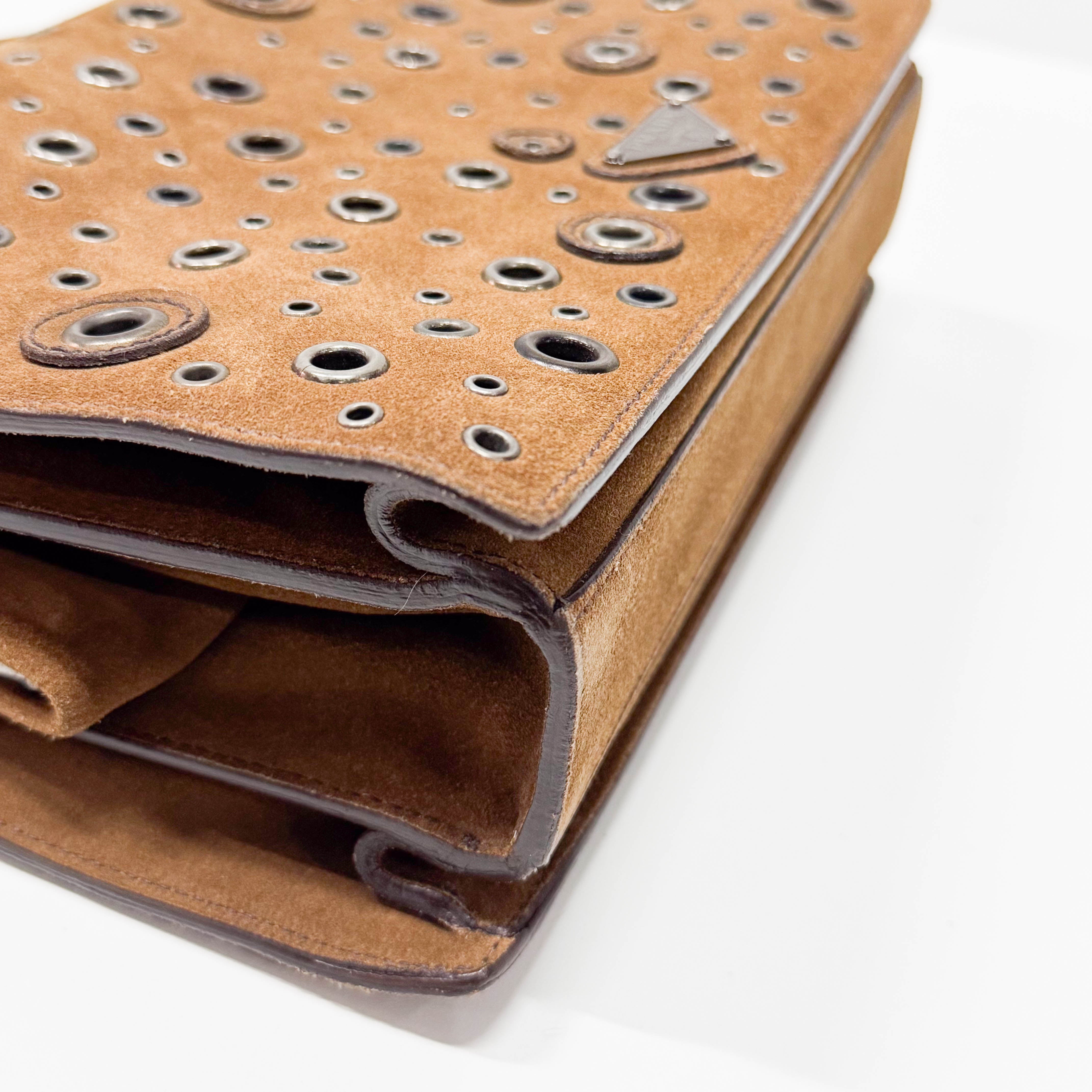 Grommet Frame Brown Suede Shoulder Bag